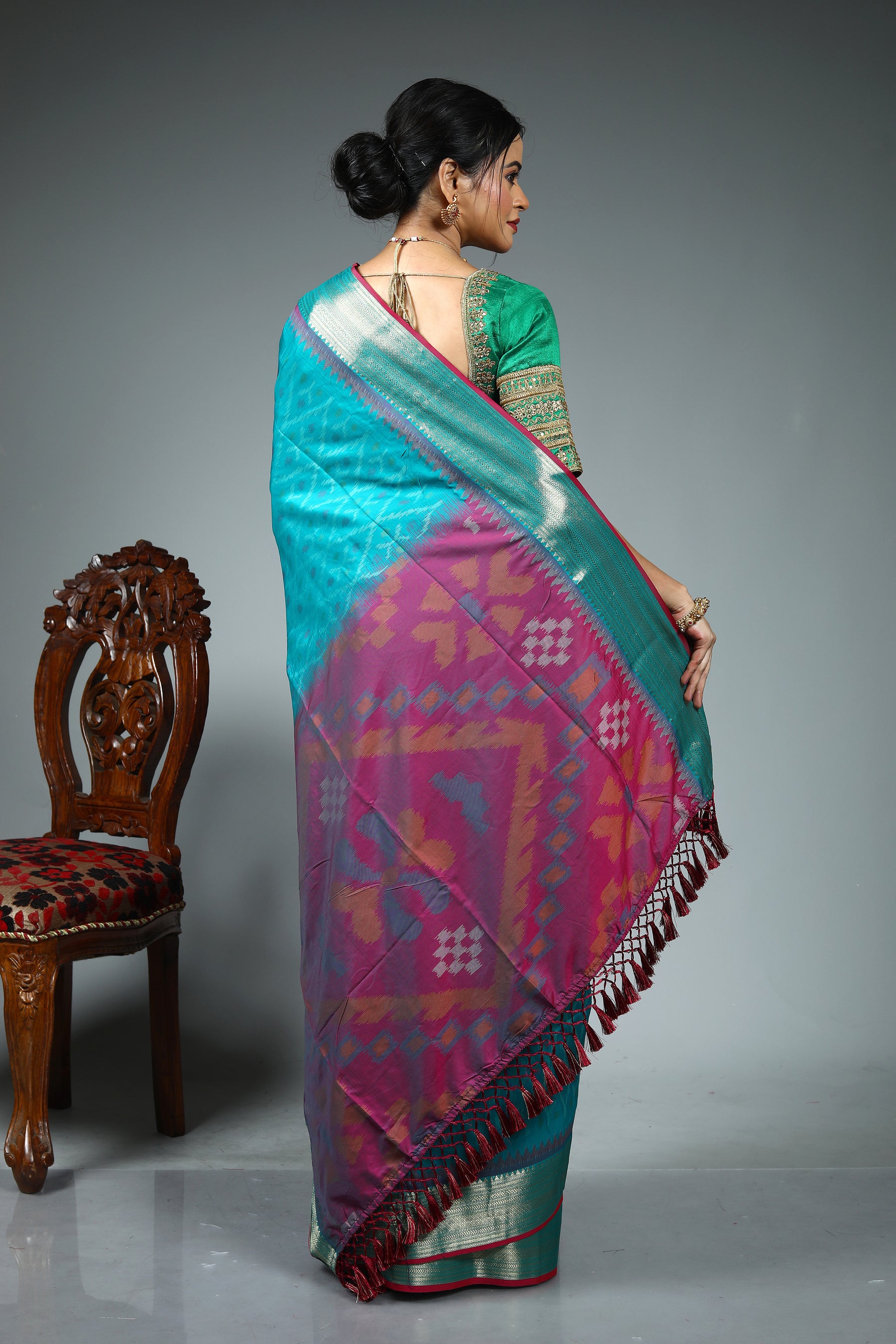 Sea Green Blended Ikkat Silk Saree
