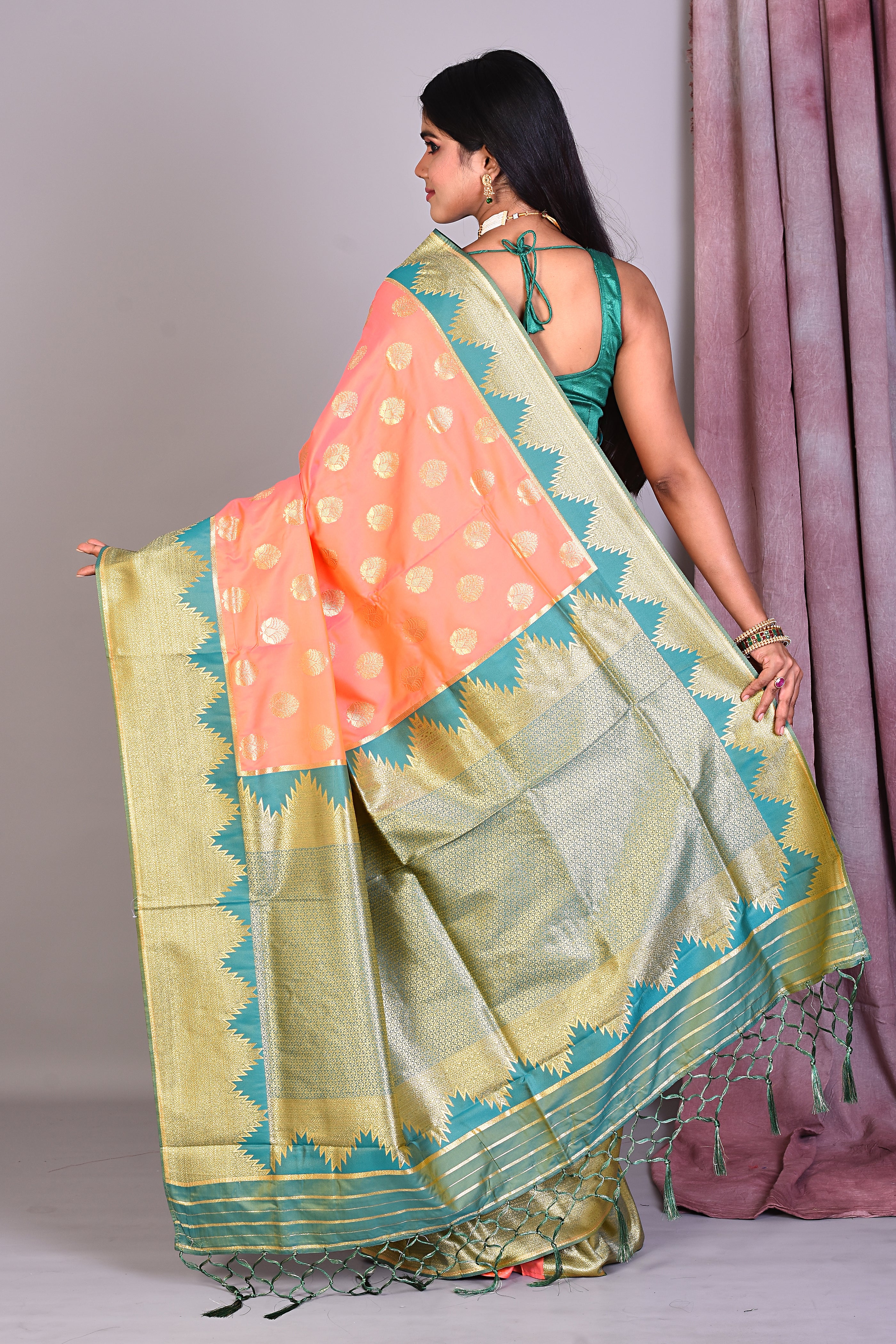 Orange Dual Tone Semi Katan Saree with Golden Zari - Keya Seth Exclusive