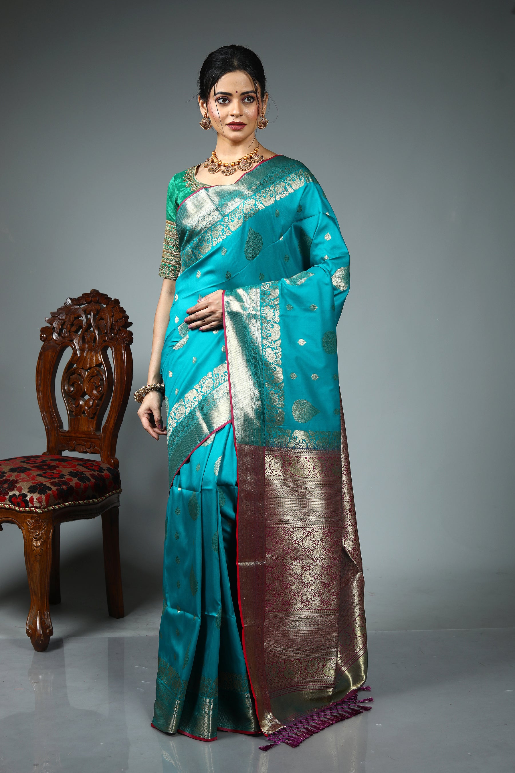 Sea Green Blended Kanjivaram Silk Saree