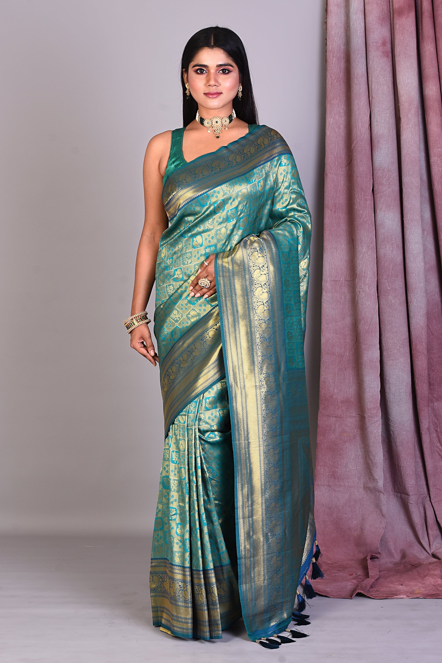 Prussian Green Blended Silk Saree with Golden Zari - Keya Seth Exclusive