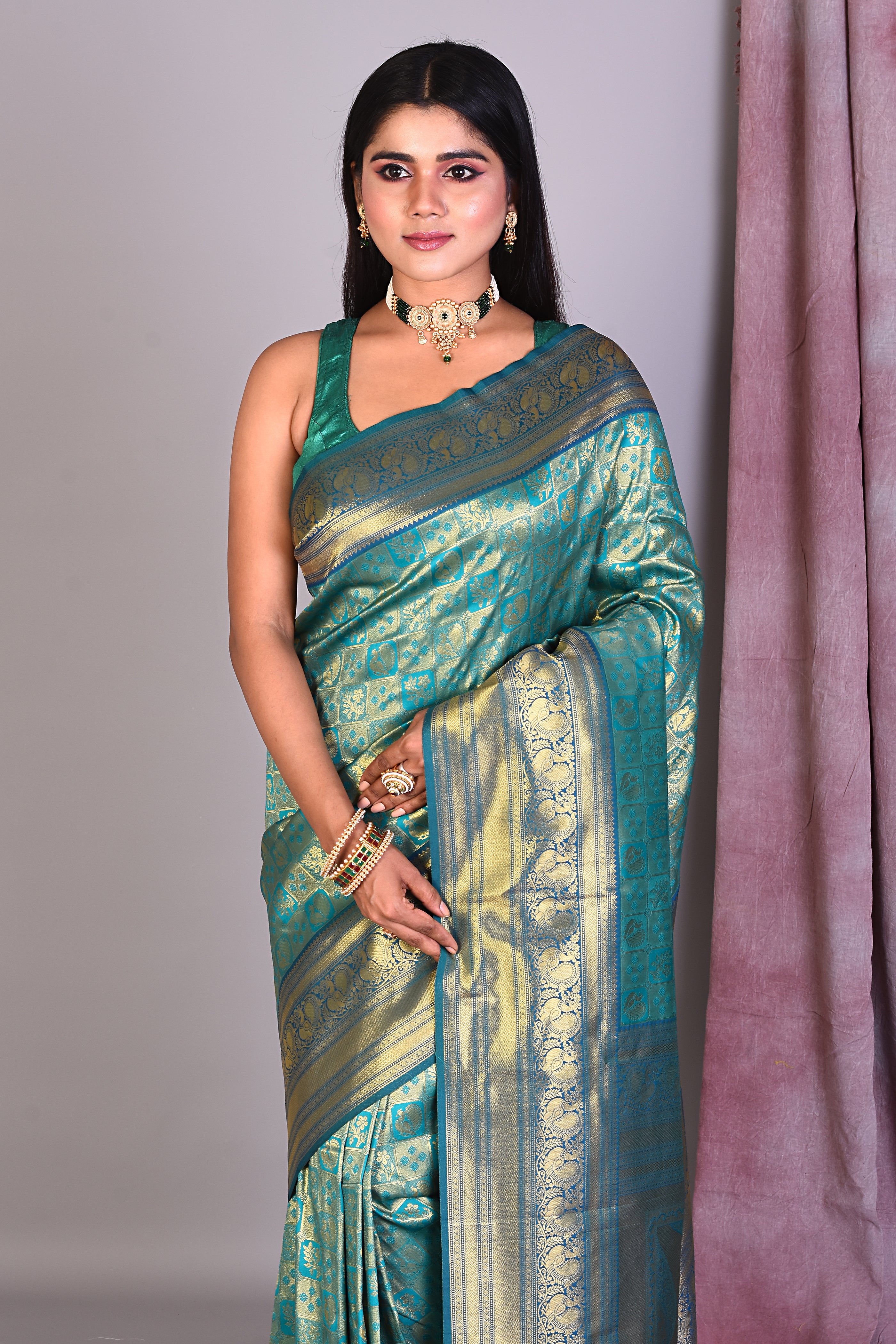 Prussian Green Blended Silk Saree with Golden Zari - Keya Seth Exclusive