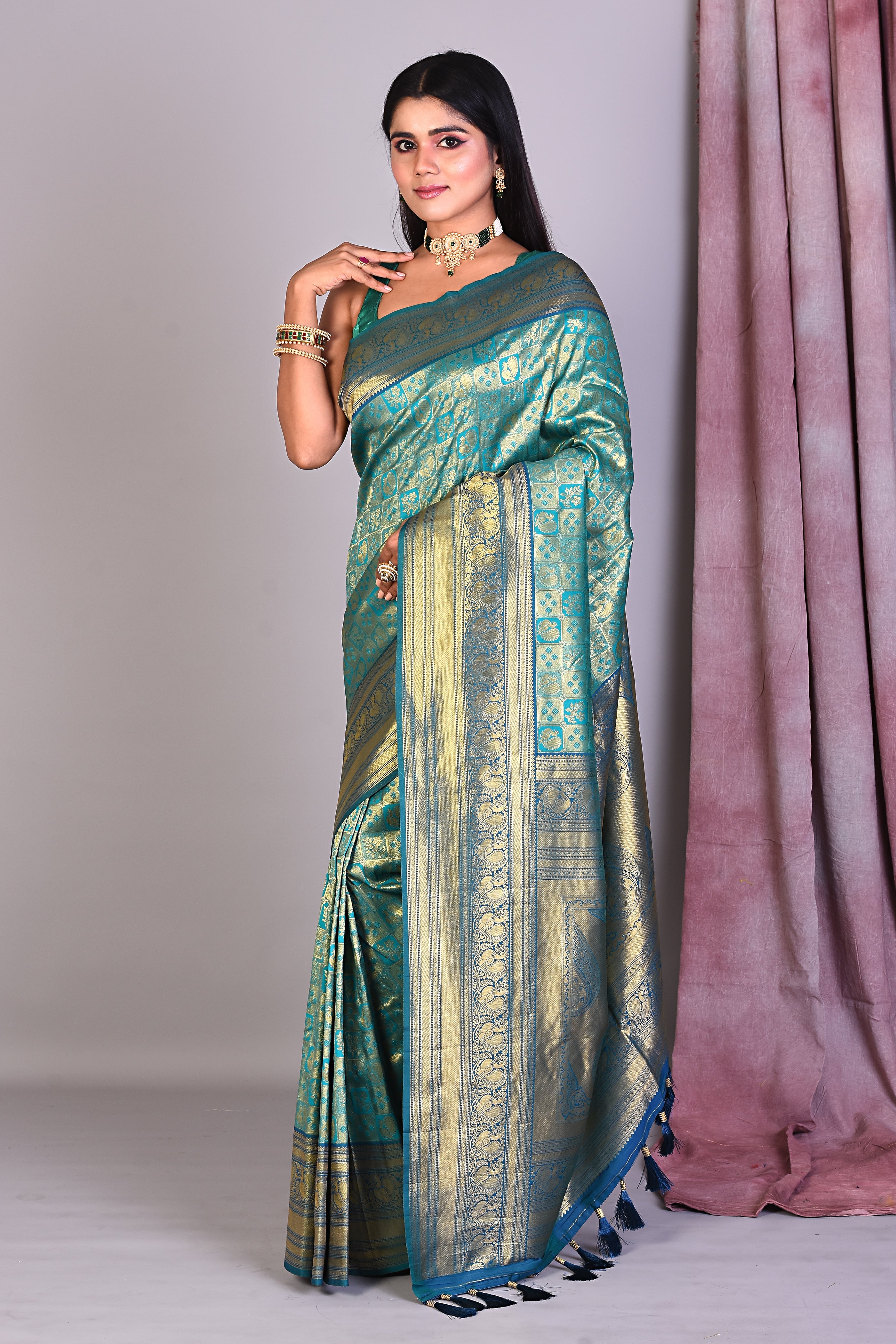 Prussian Green Blended Silk Saree with Golden Zari - Keya Seth Exclusive