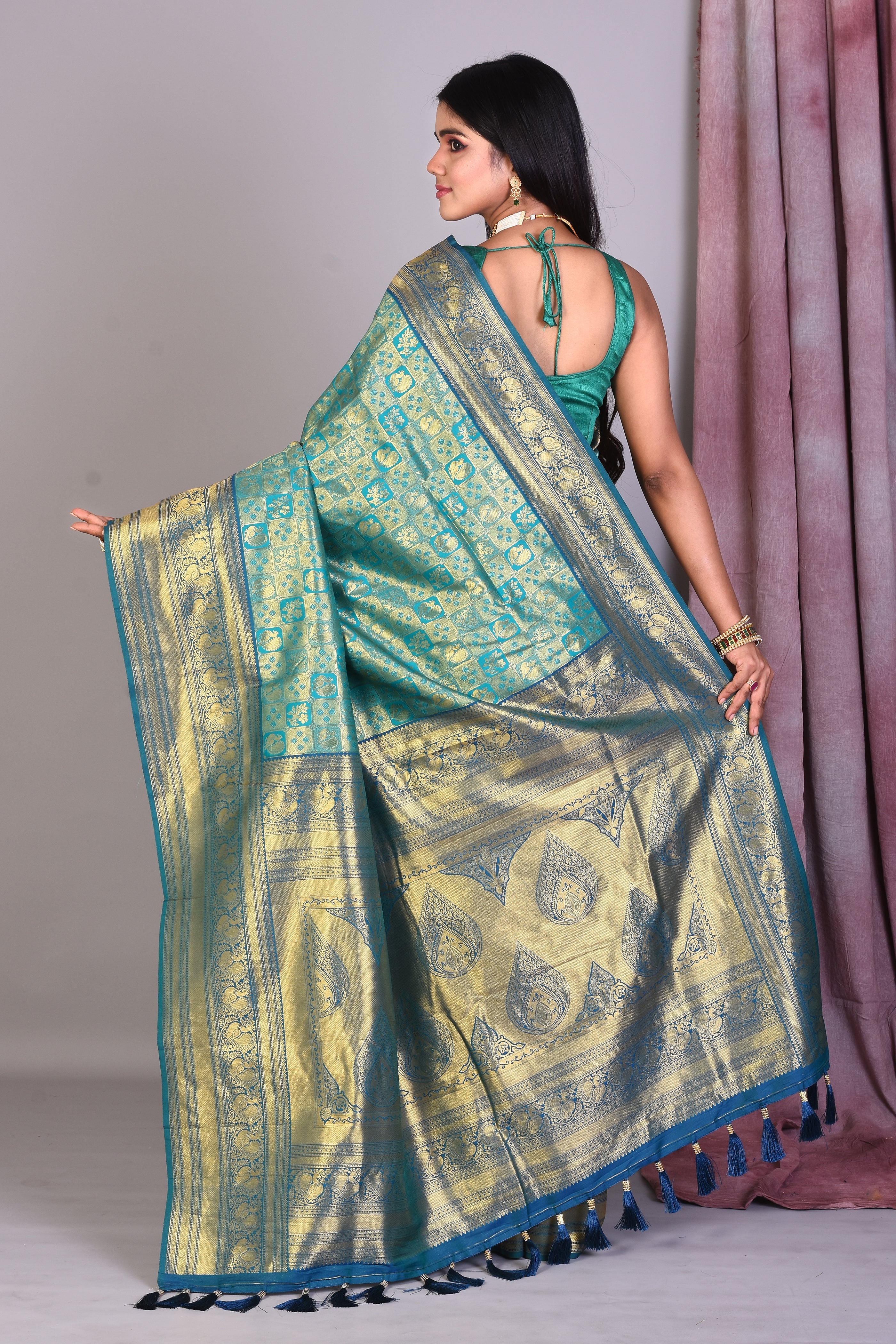 Prussian Green Blended Silk Saree with Golden Zari - Keya Seth Exclusive