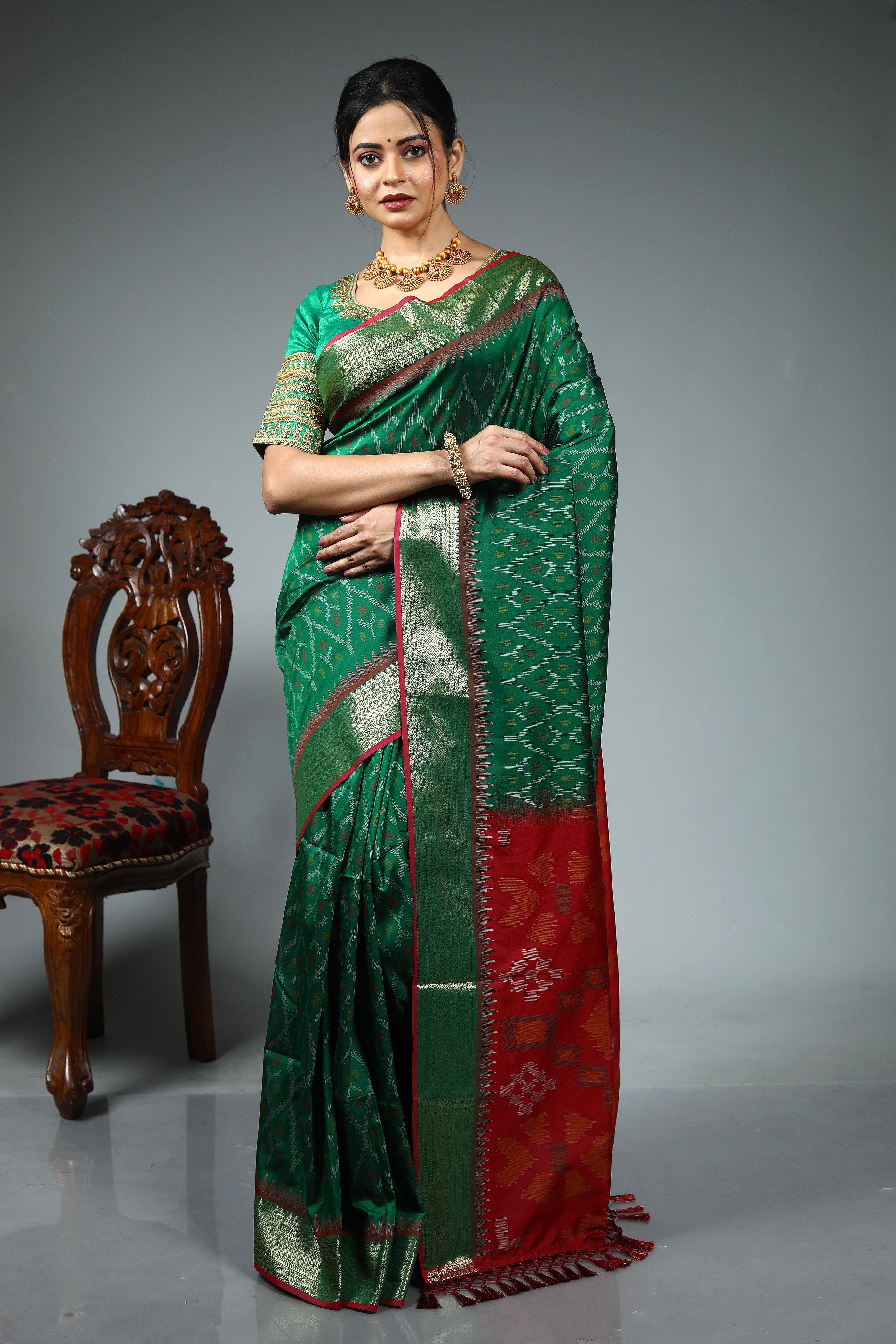 Green Blended Ikkat Silk Saree