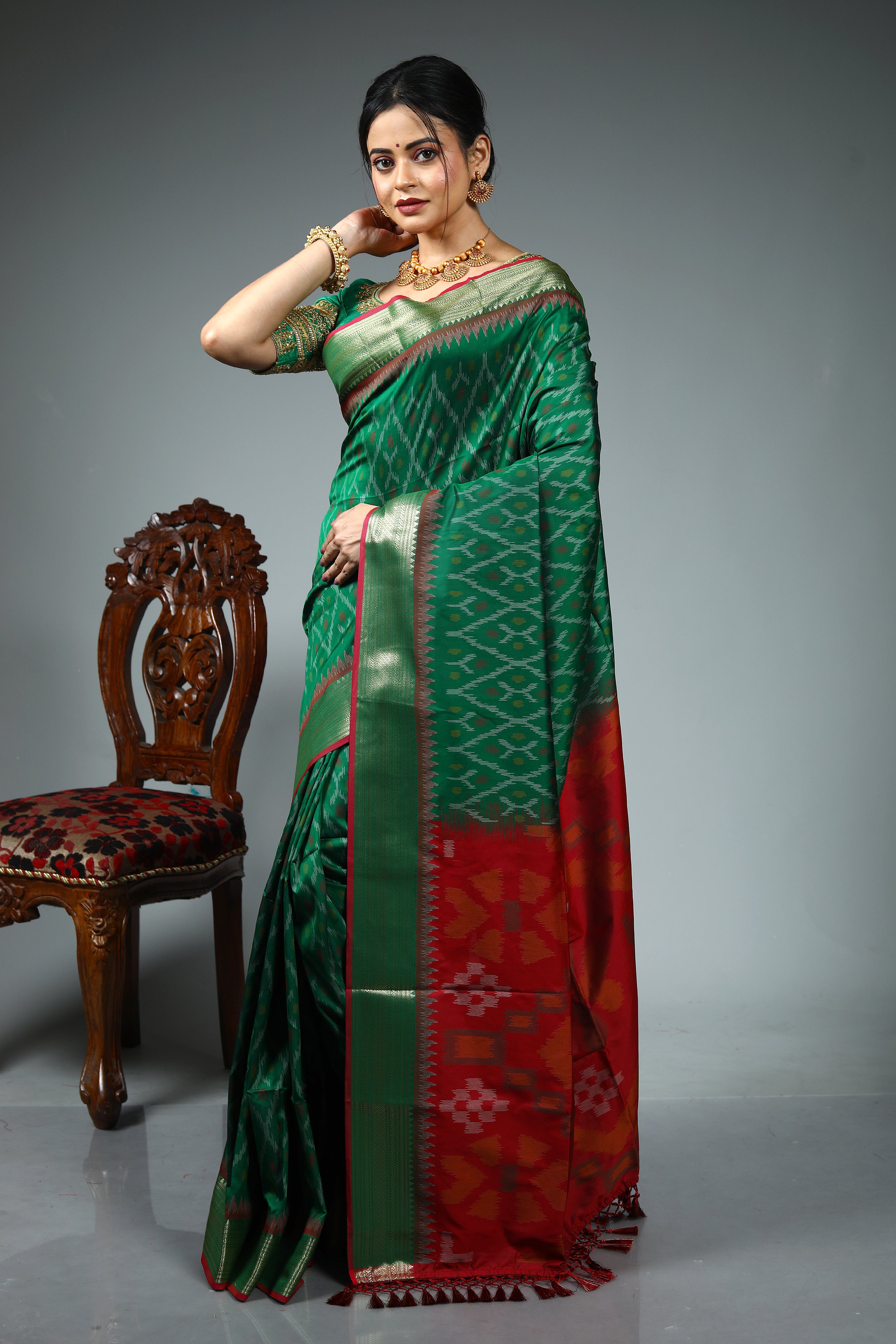 Green Blended Ikkat Silk Saree