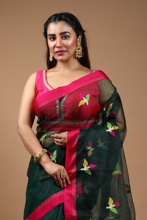 Dark Green Pure Muslin Saree