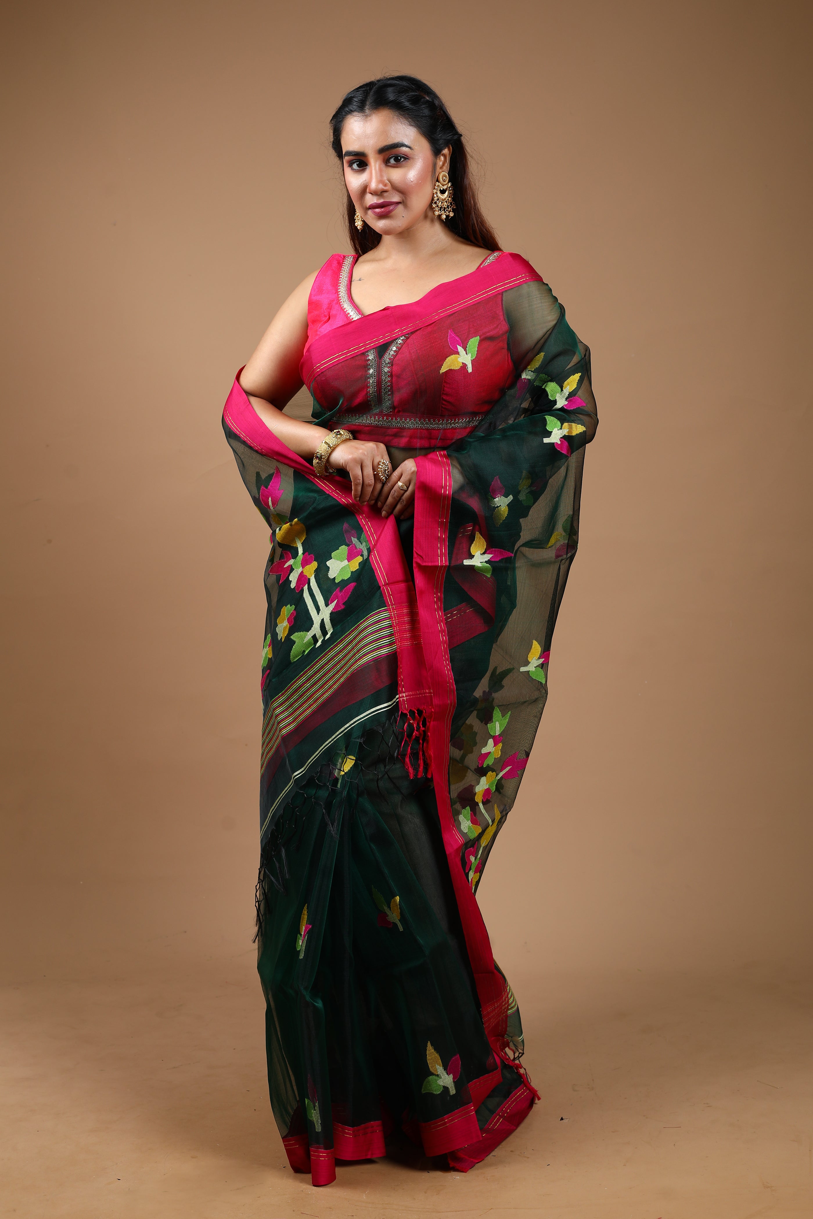 Dark Green Pure Muslin Saree