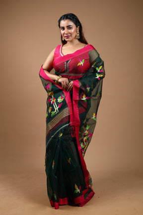 Dark Green Pure Muslin Saree