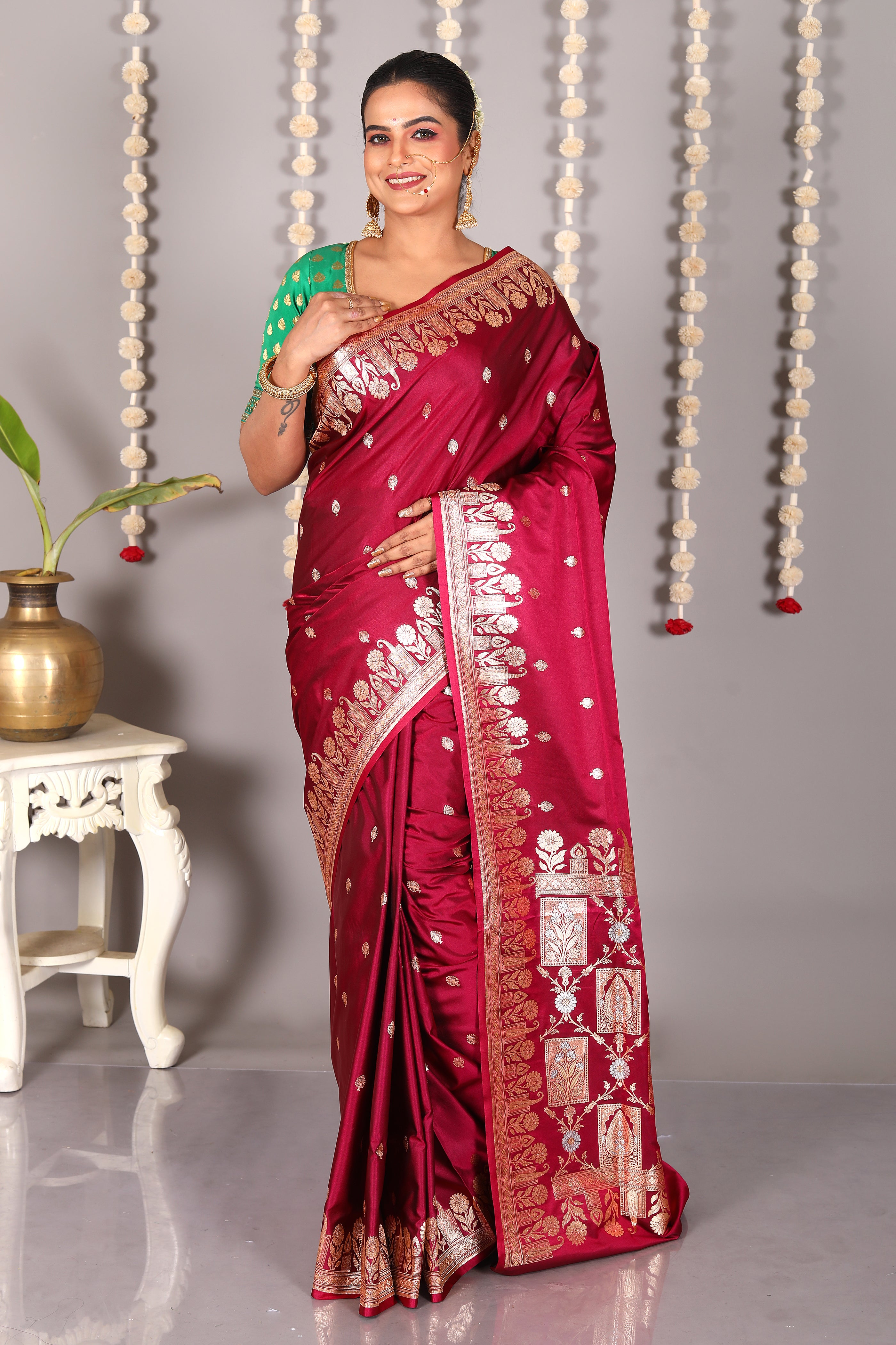 Wine Blended Mashru Katan Banarasi Silk Saree - Keya Seth Exclusive