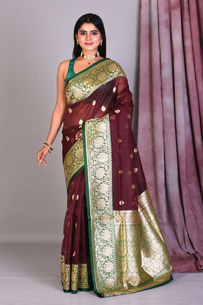 Wine Blended Organza Saree with Golden Zari - Keya Seth Exclusive