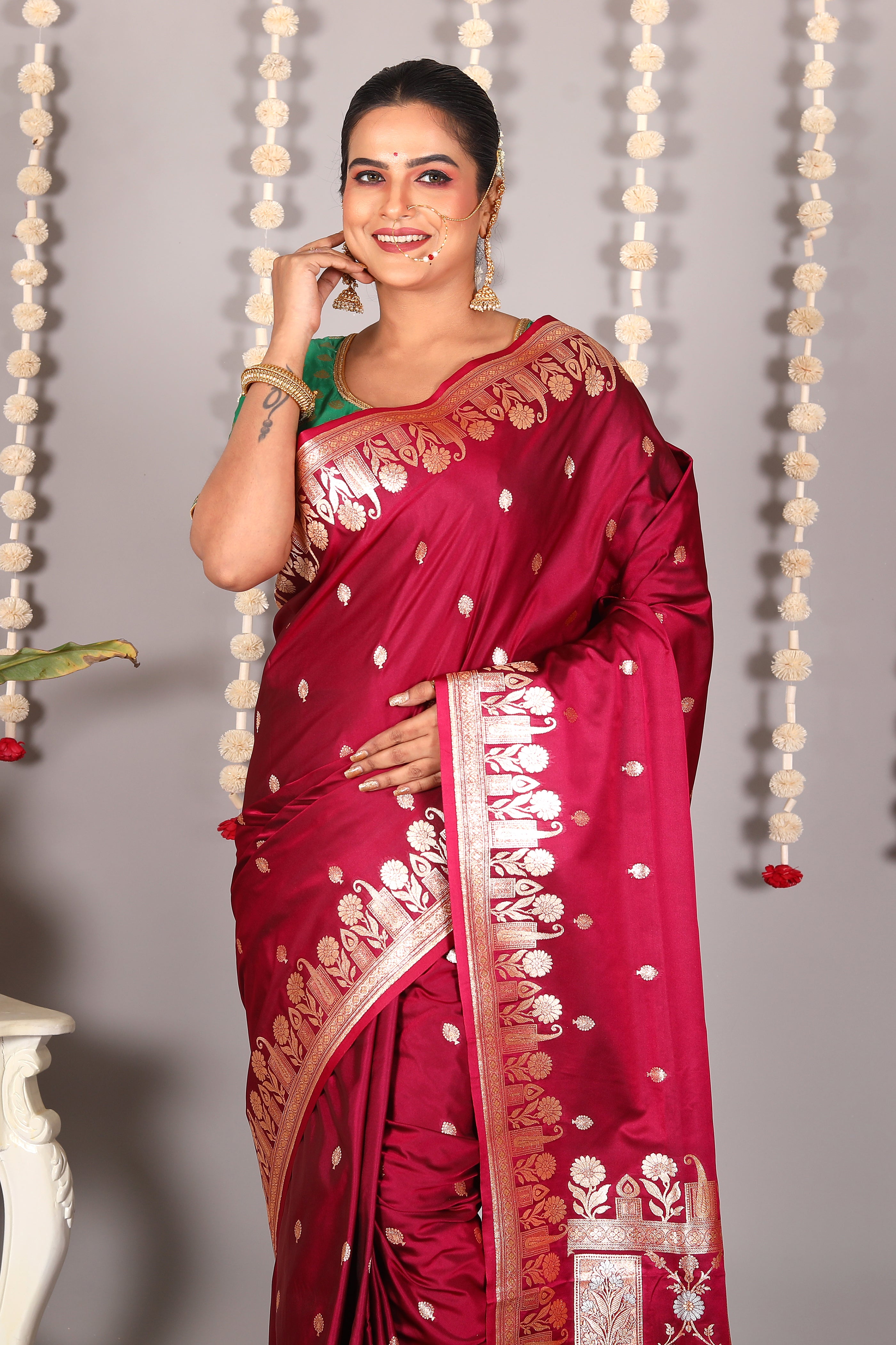 Wine Blended Mashru Katan Banarasi Silk Saree - Keya Seth Exclusive