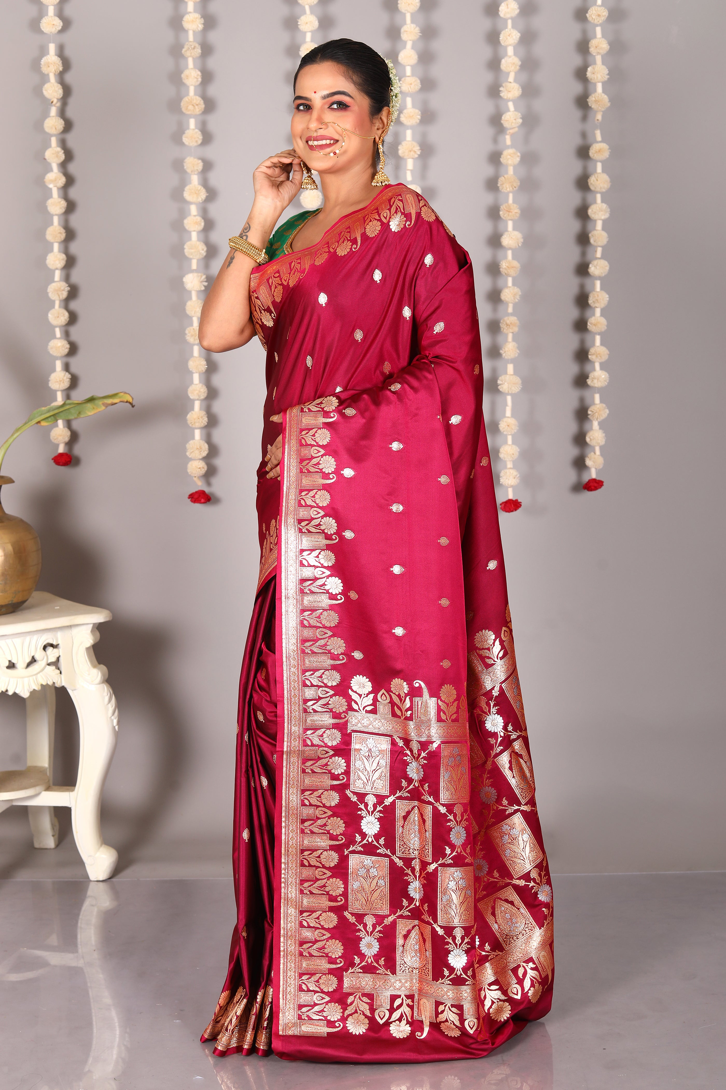 Wine Blended Mashru Katan Banarasi Silk Saree - Keya Seth Exclusive