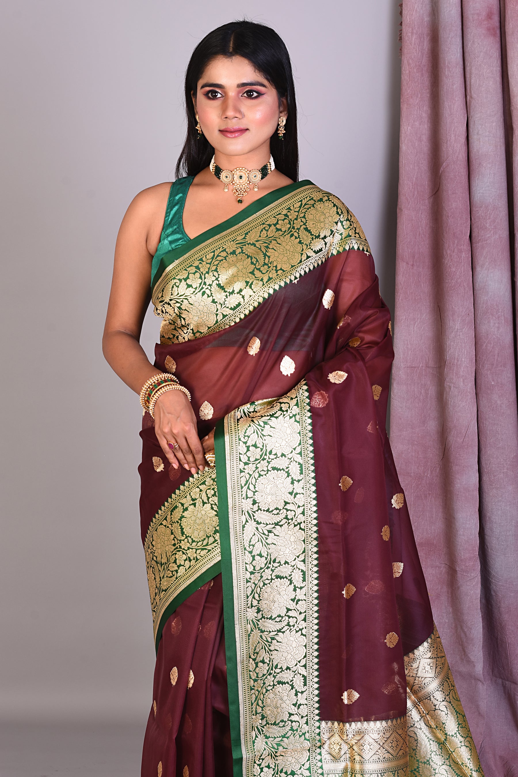 Wine Blended Organza Saree with Golden Zari - Keya Seth Exclusive