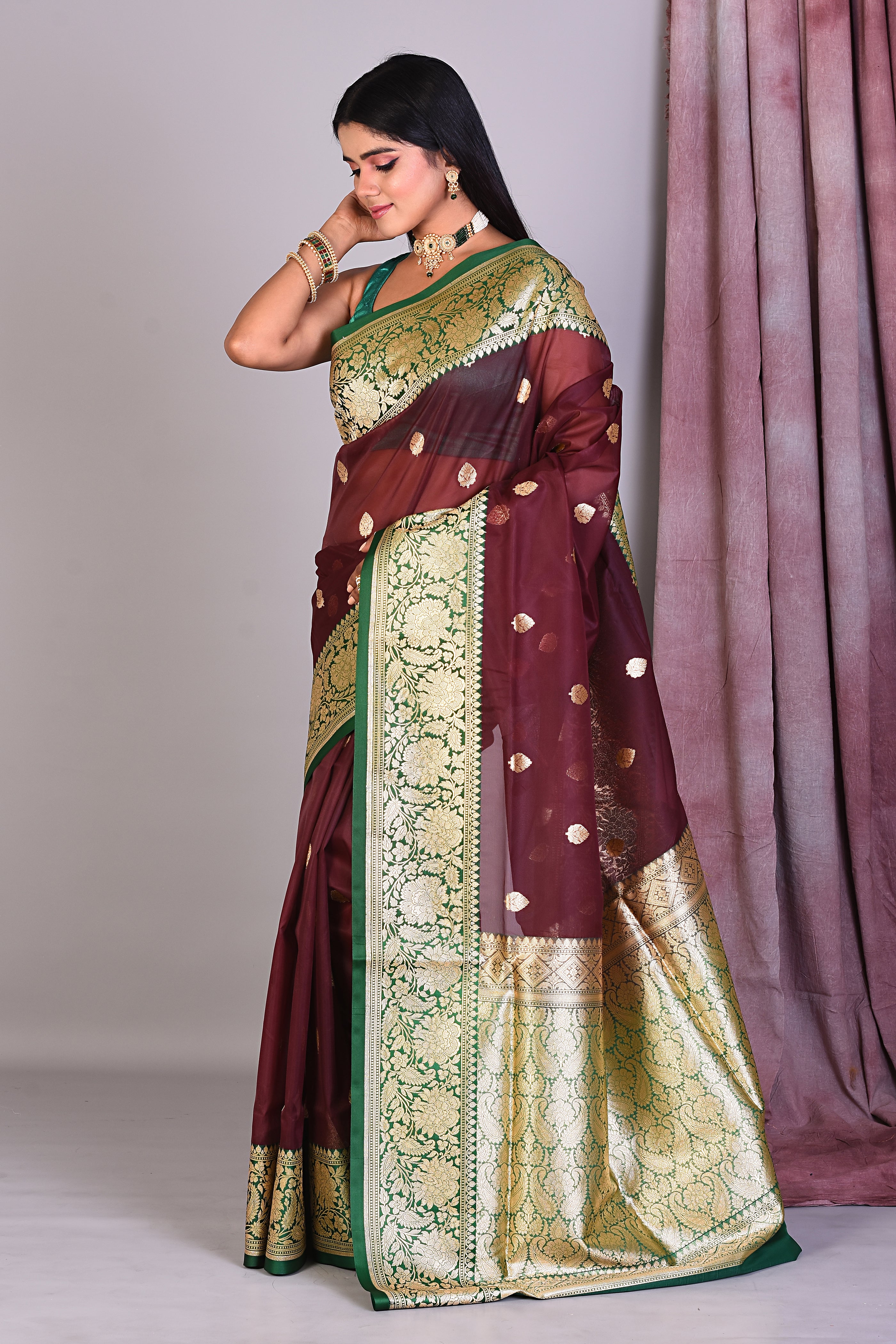 Wine Blended Organza Saree with Golden Zari - Keya Seth Exclusive