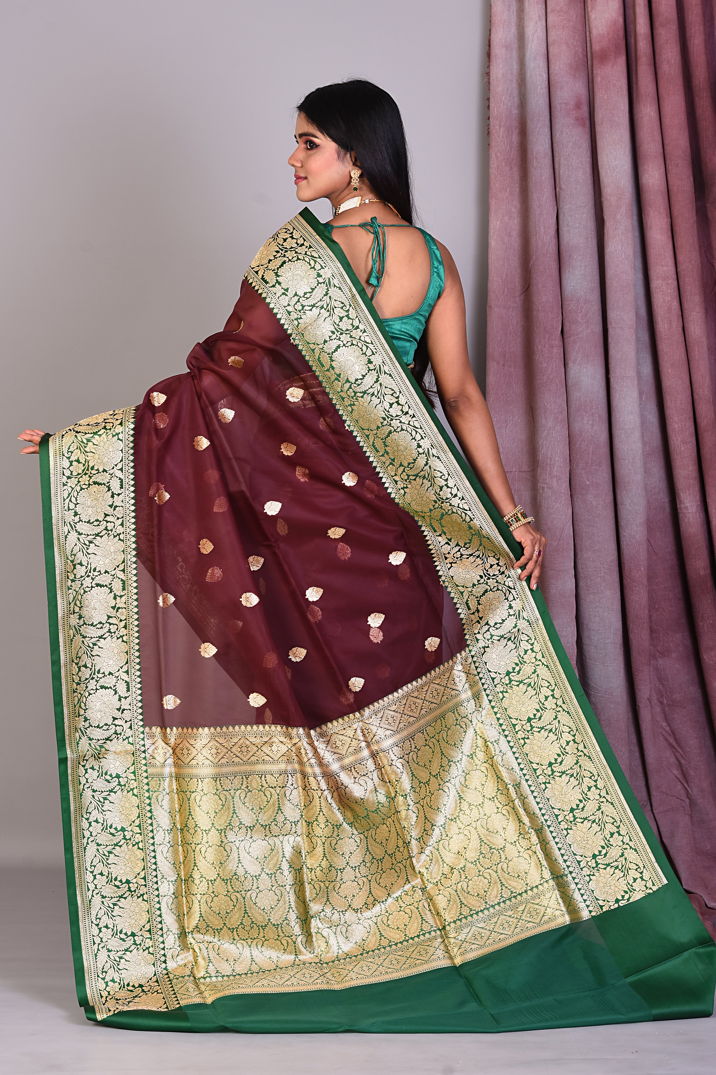 Wine Blended Organza Saree with Golden Zari - Keya Seth Exclusive