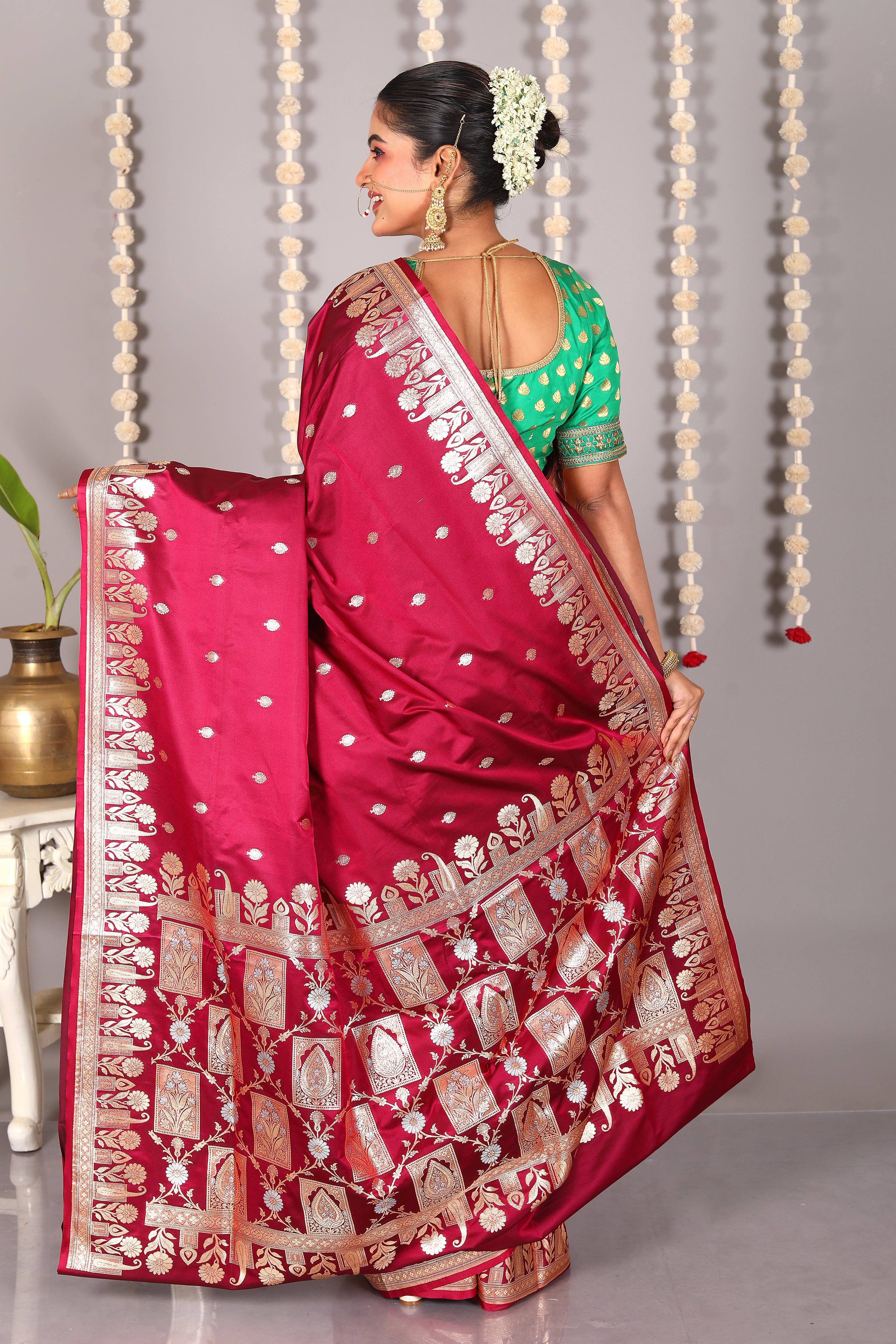 Wine Blended Mashru Katan Banarasi Silk Saree - Keya Seth Exclusive