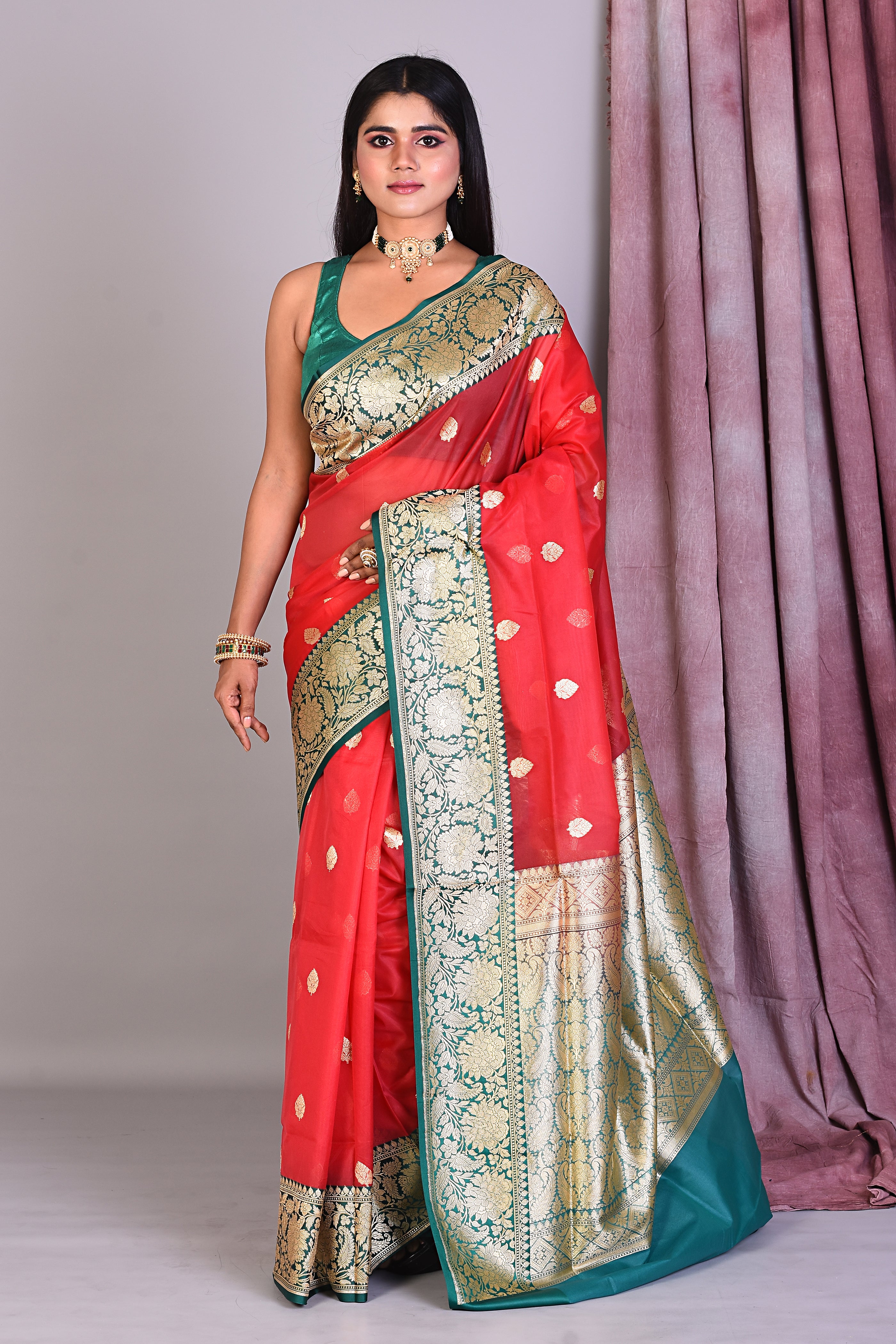 Red Blended Organza Saree with Golden Zari - Keya Seth Exclusive