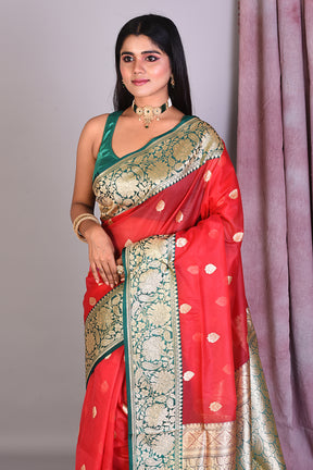 Red Blended Organza Saree with Golden Zari - Keya Seth Exclusive