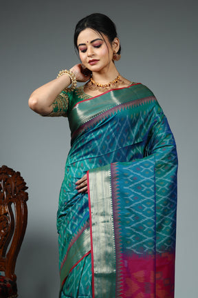 Dual Tone Blue Blended Ikkat Silk Saree