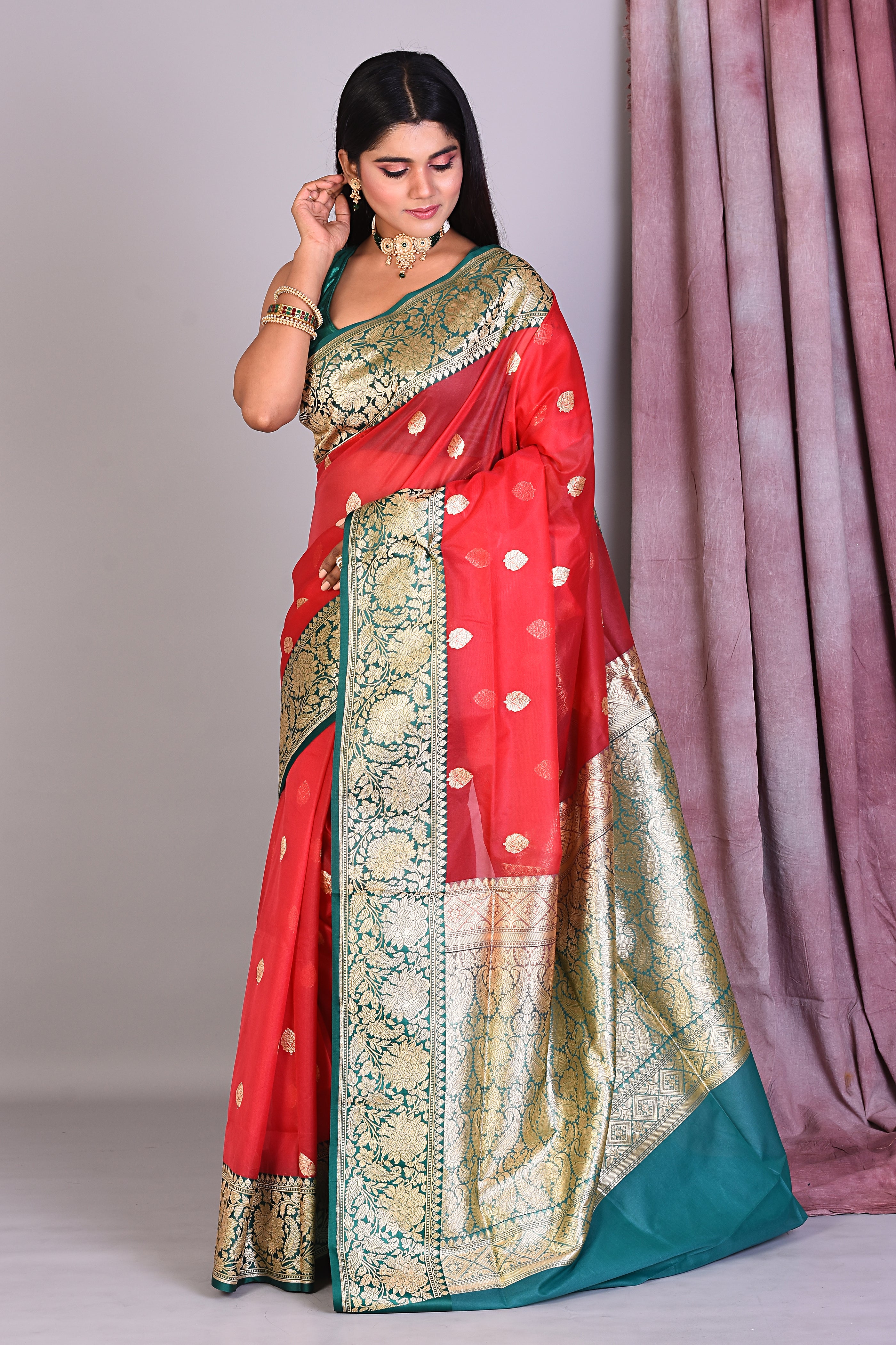 Red Blended Organza Saree with Golden Zari - Keya Seth Exclusive