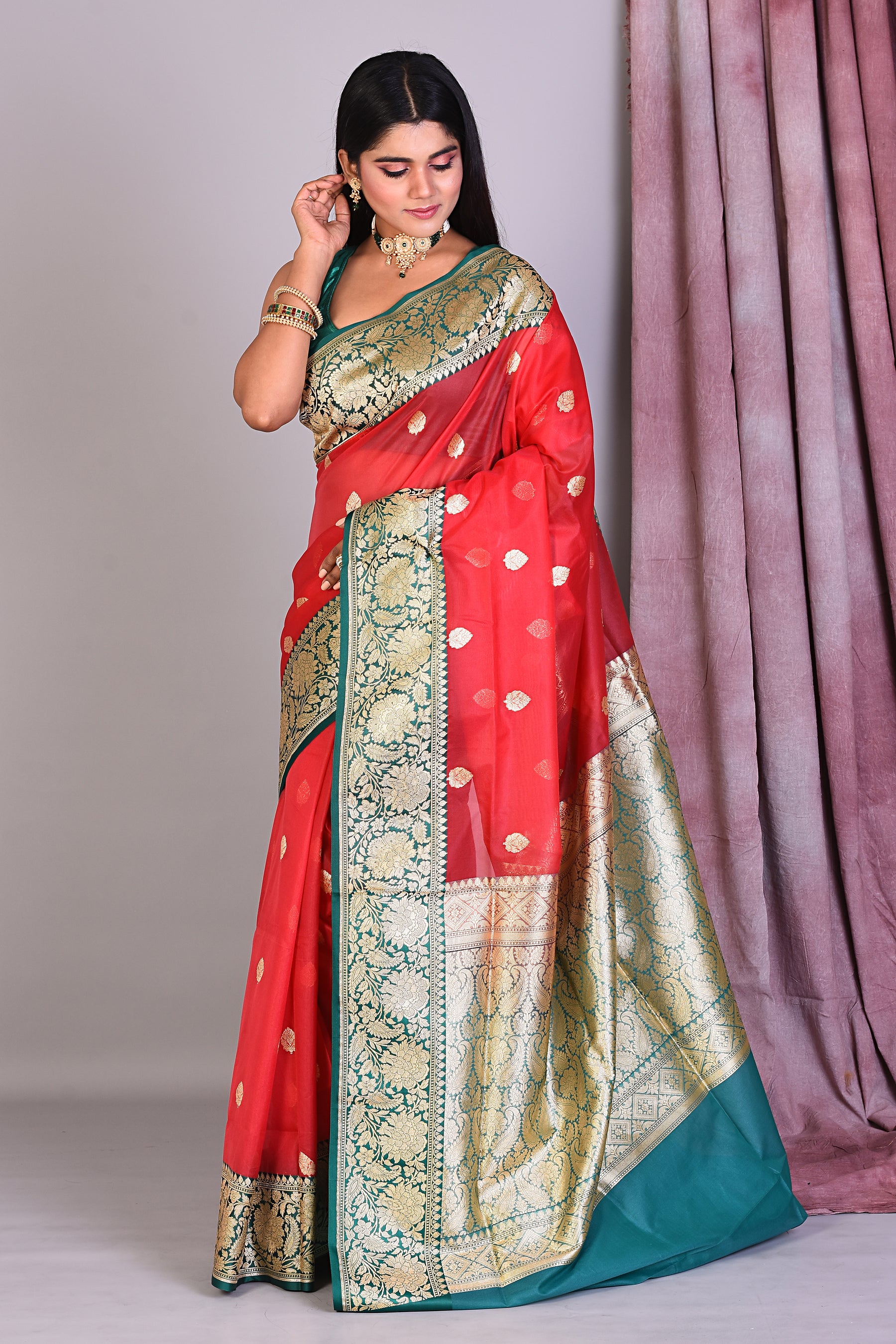 Red Blended Organza Saree with Golden Zari - Keya Seth Exclusive