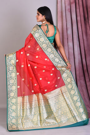 Red Blended Organza Saree with Golden Zari - Keya Seth Exclusive