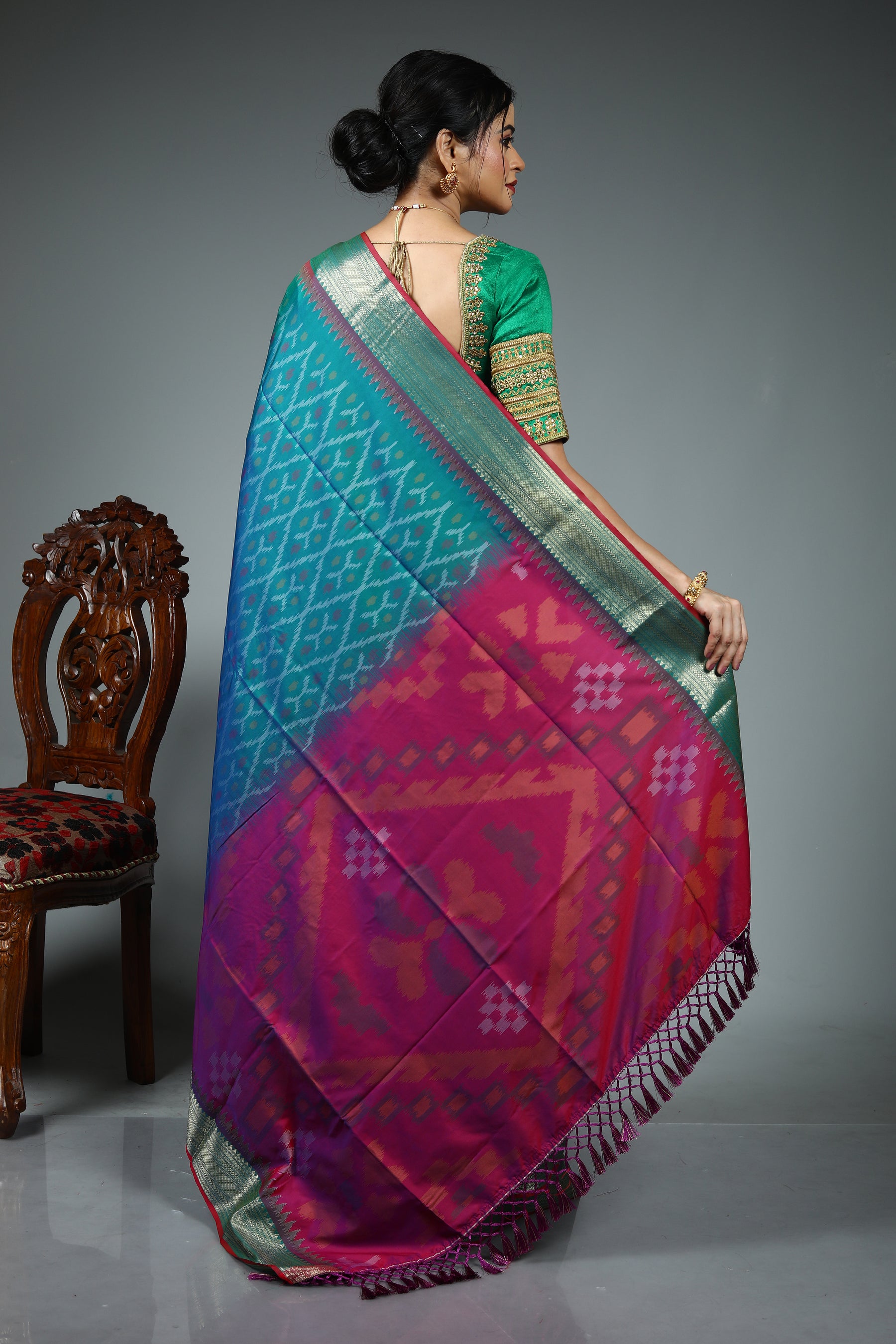 Dual Tone Blue Blended Ikkat Silk Saree