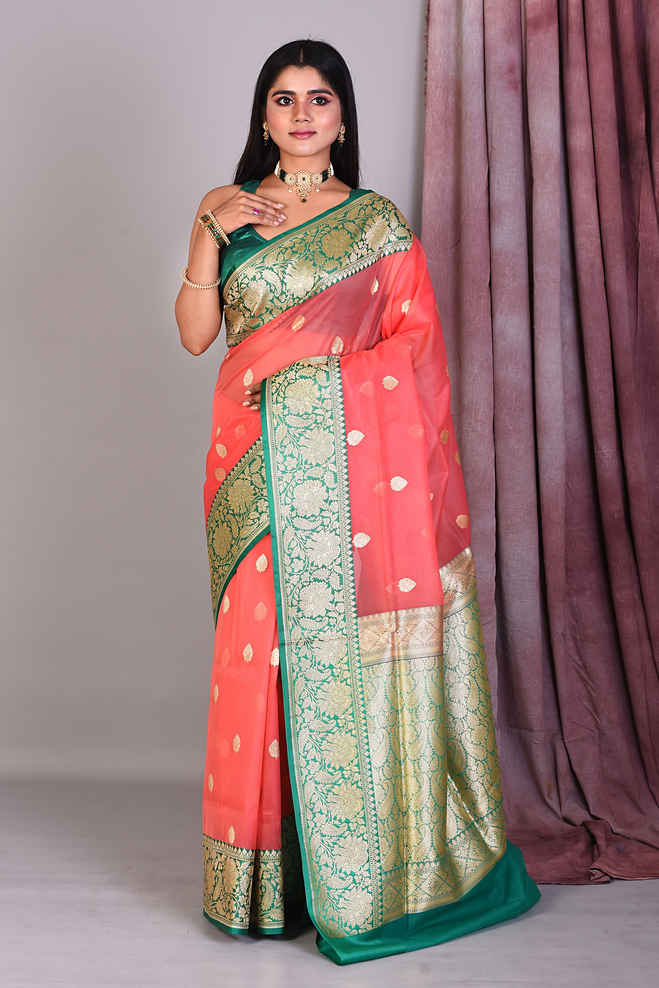 Peach Blended Organza Saree with Golden Zari - Keya Seth Exclusive