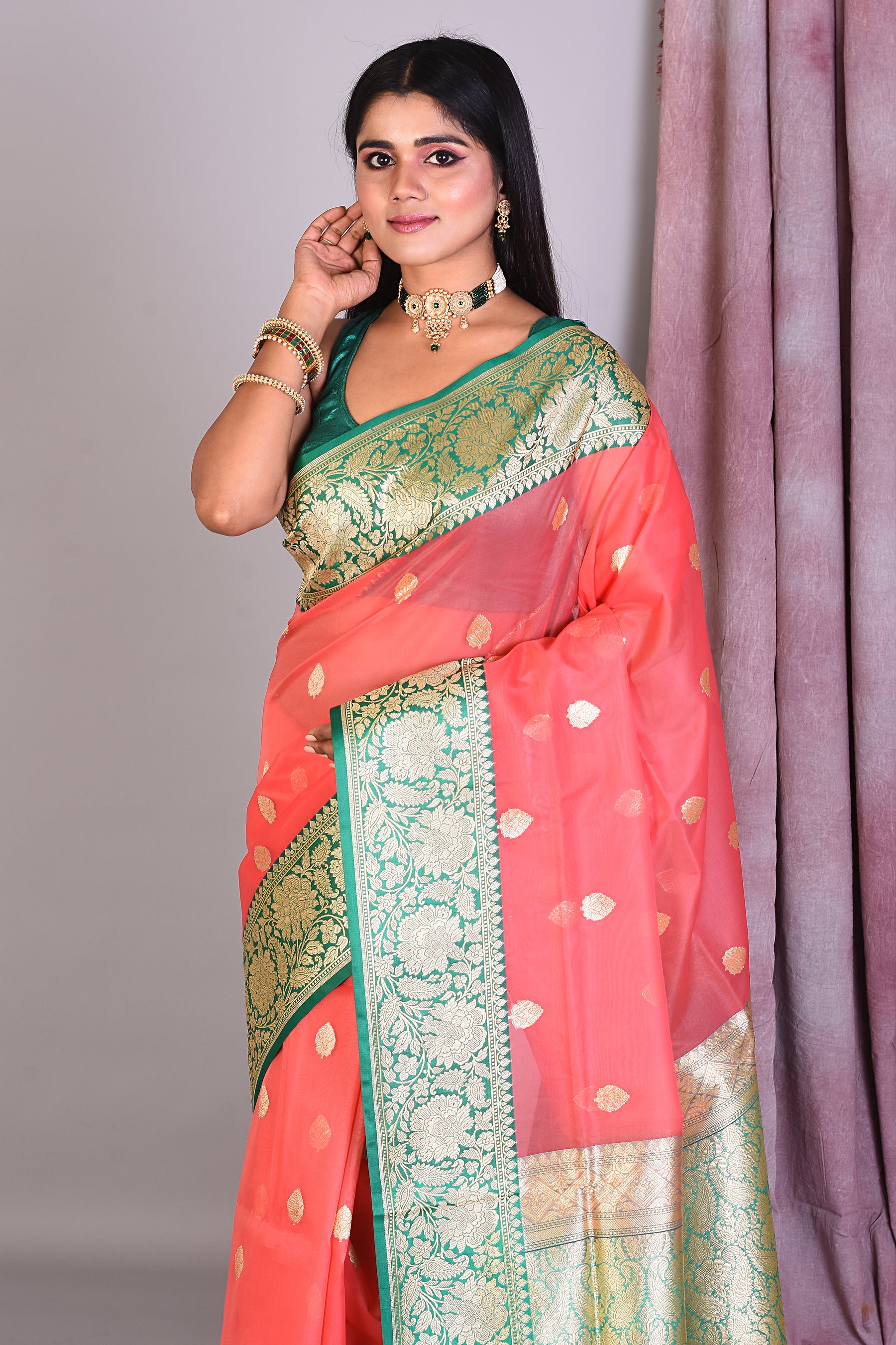 Peach Blended Organza Saree with Golden Zari - Keya Seth Exclusive