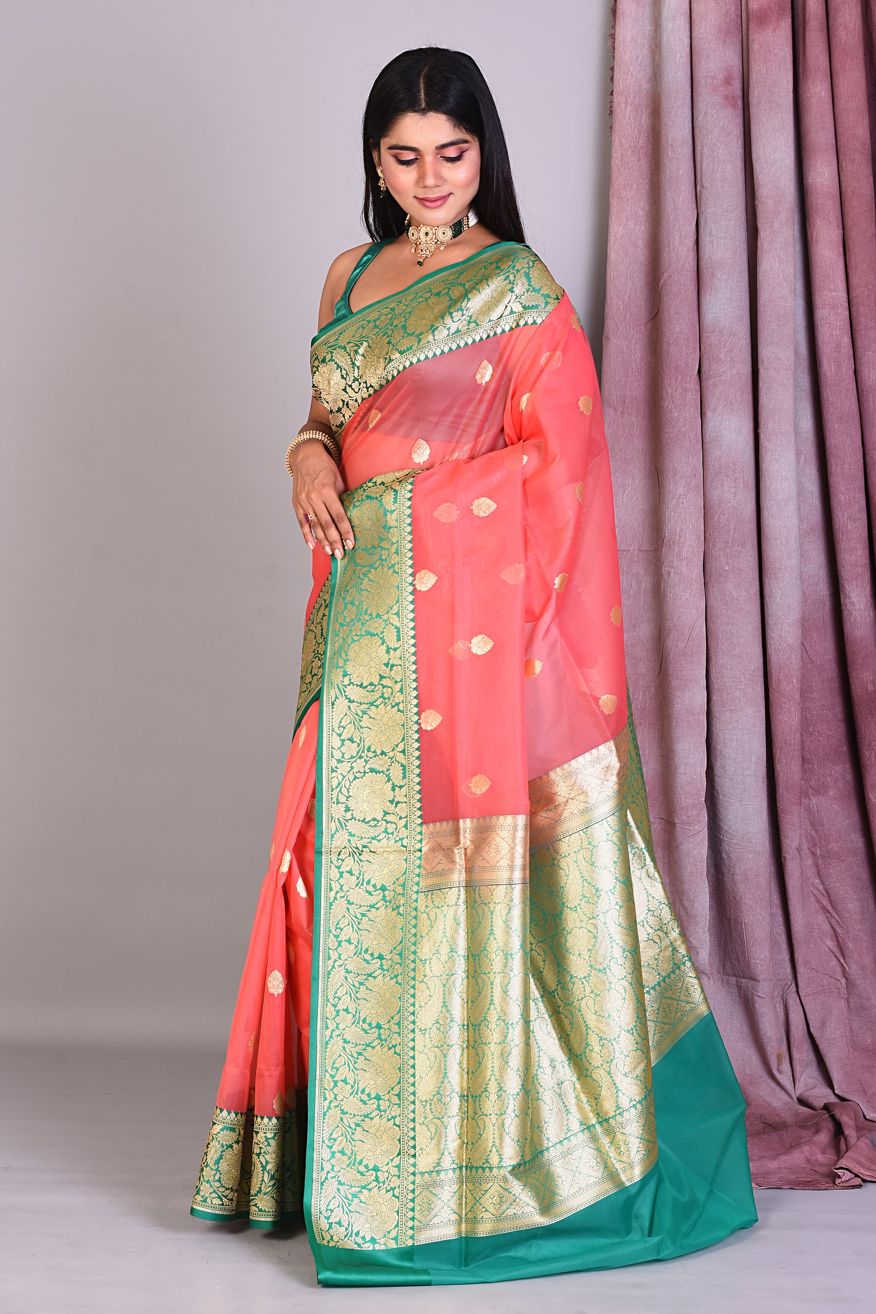 Peach Blended Organza Saree with Golden Zari - Keya Seth Exclusive