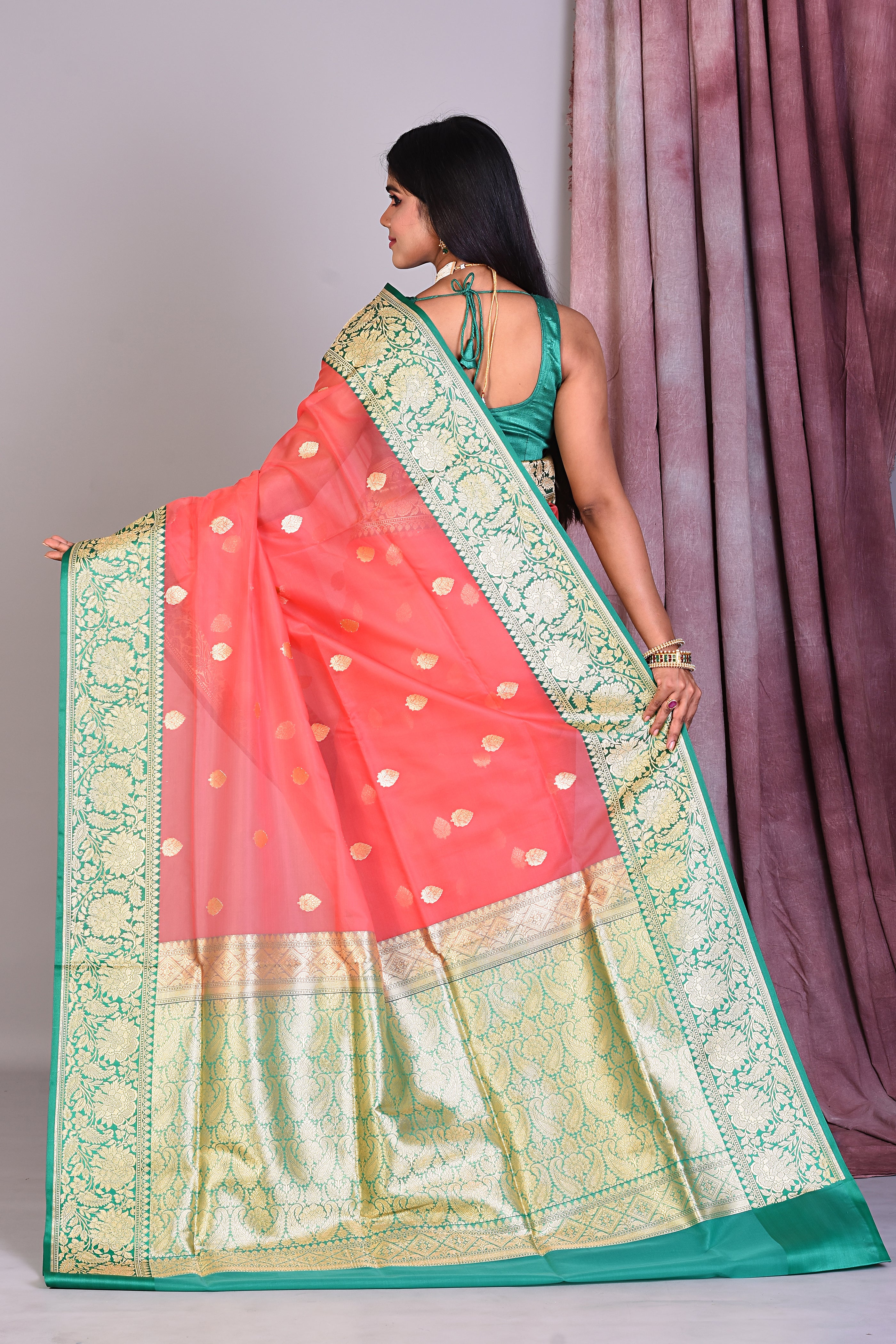 Peach Blended Organza Saree with Golden Zari - Keya Seth Exclusive