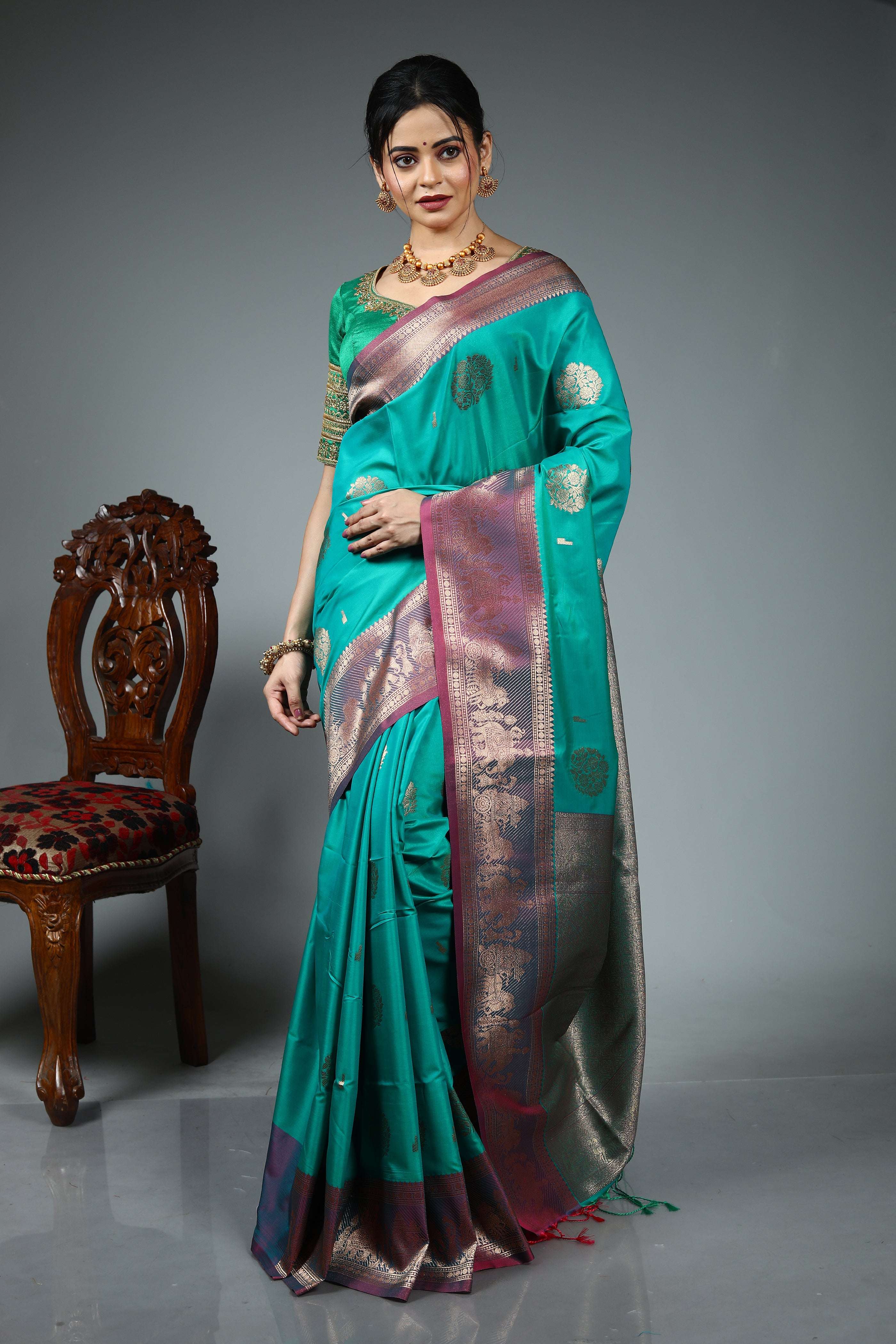 Sea Green Blended Silk Saree