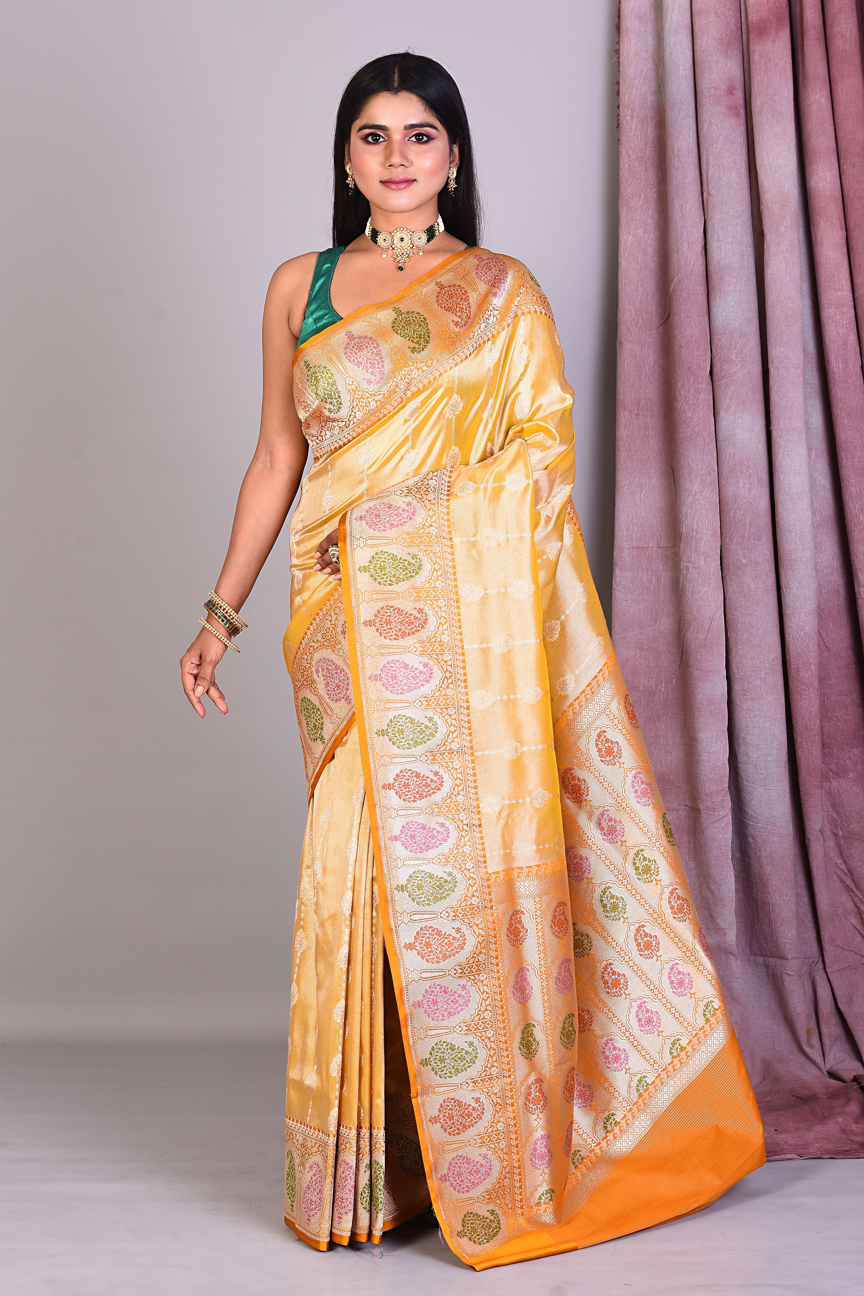 Yellow Blended Tissue Saree with Meenakari Works - Keya Seth Exclusive