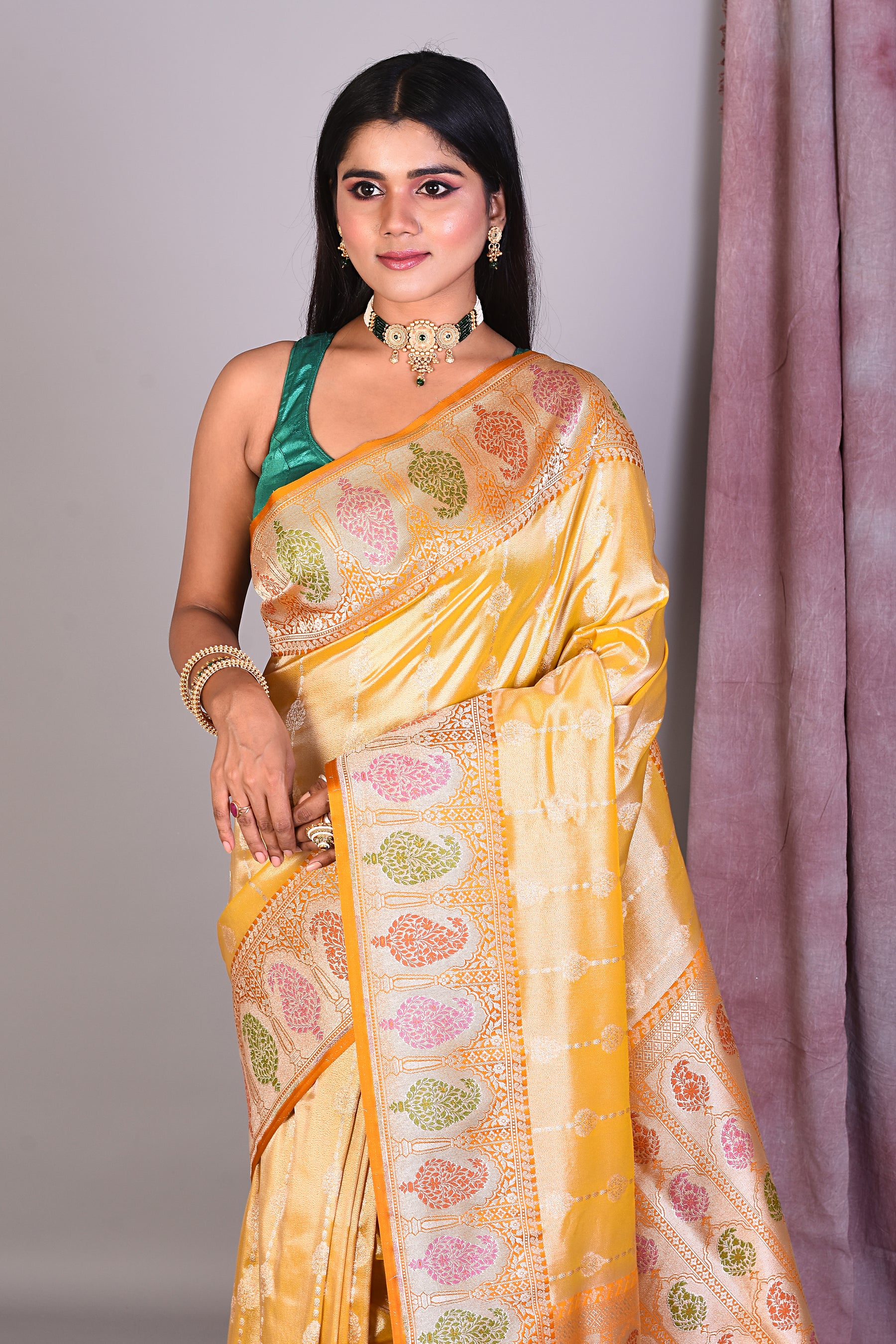 Yellow Blended Tissue Saree with Meenakari Works - Keya Seth Exclusive