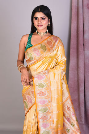 Yellow Blended Tissue Saree with Meenakari Works - Keya Seth Exclusive