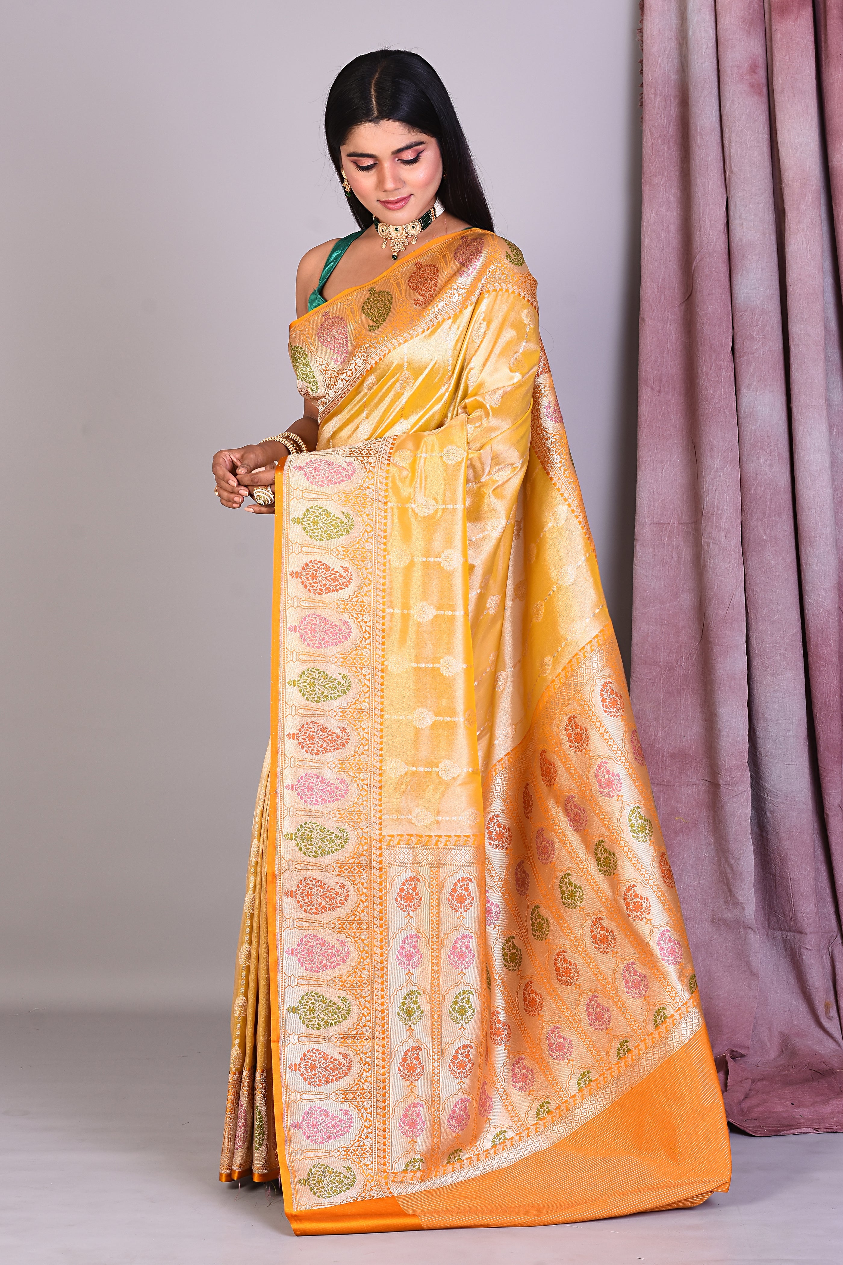 Yellow Blended Tissue Saree with Meenakari Works - Keya Seth Exclusive