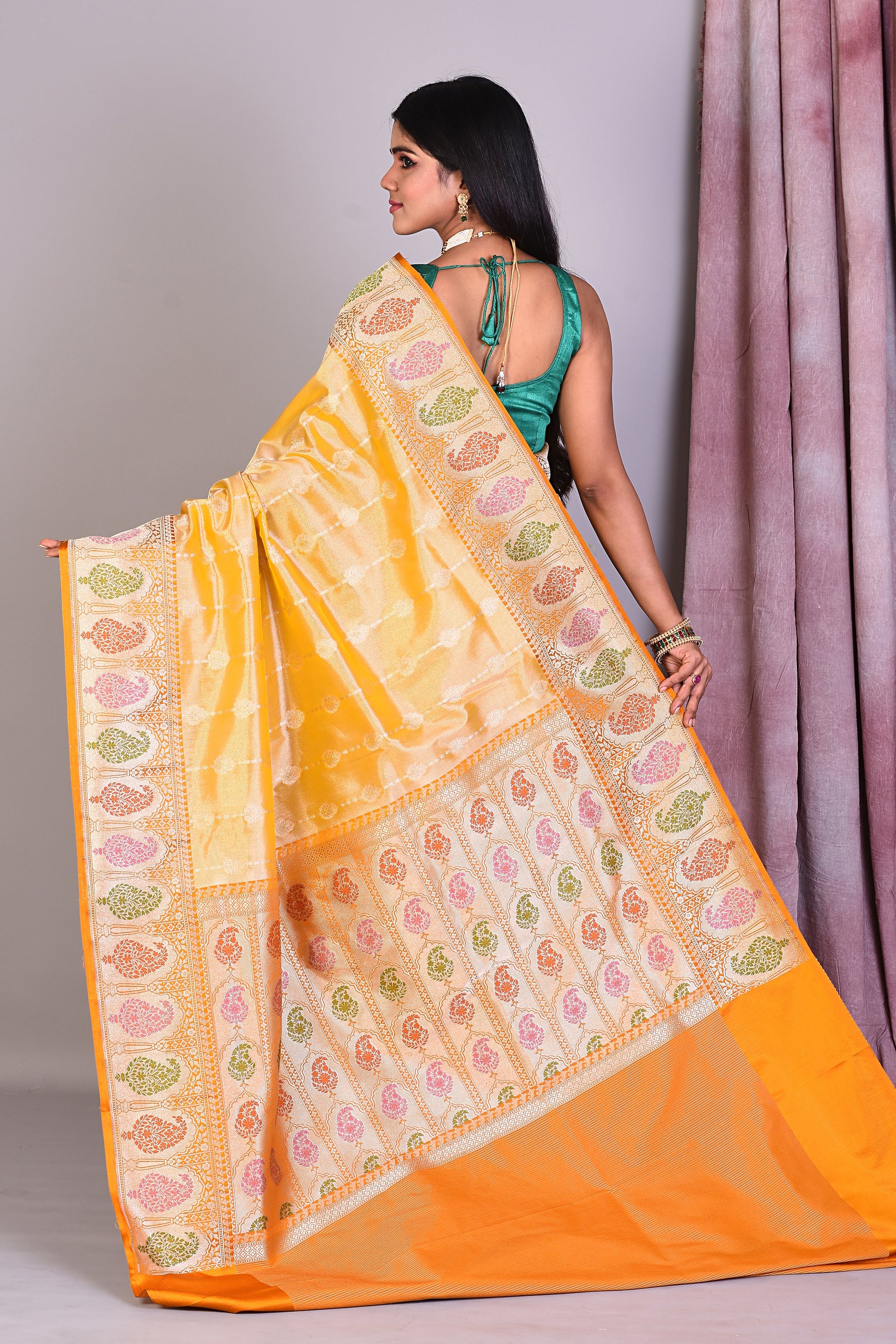 Yellow Blended Tissue Saree with Meenakari Works - Keya Seth Exclusive