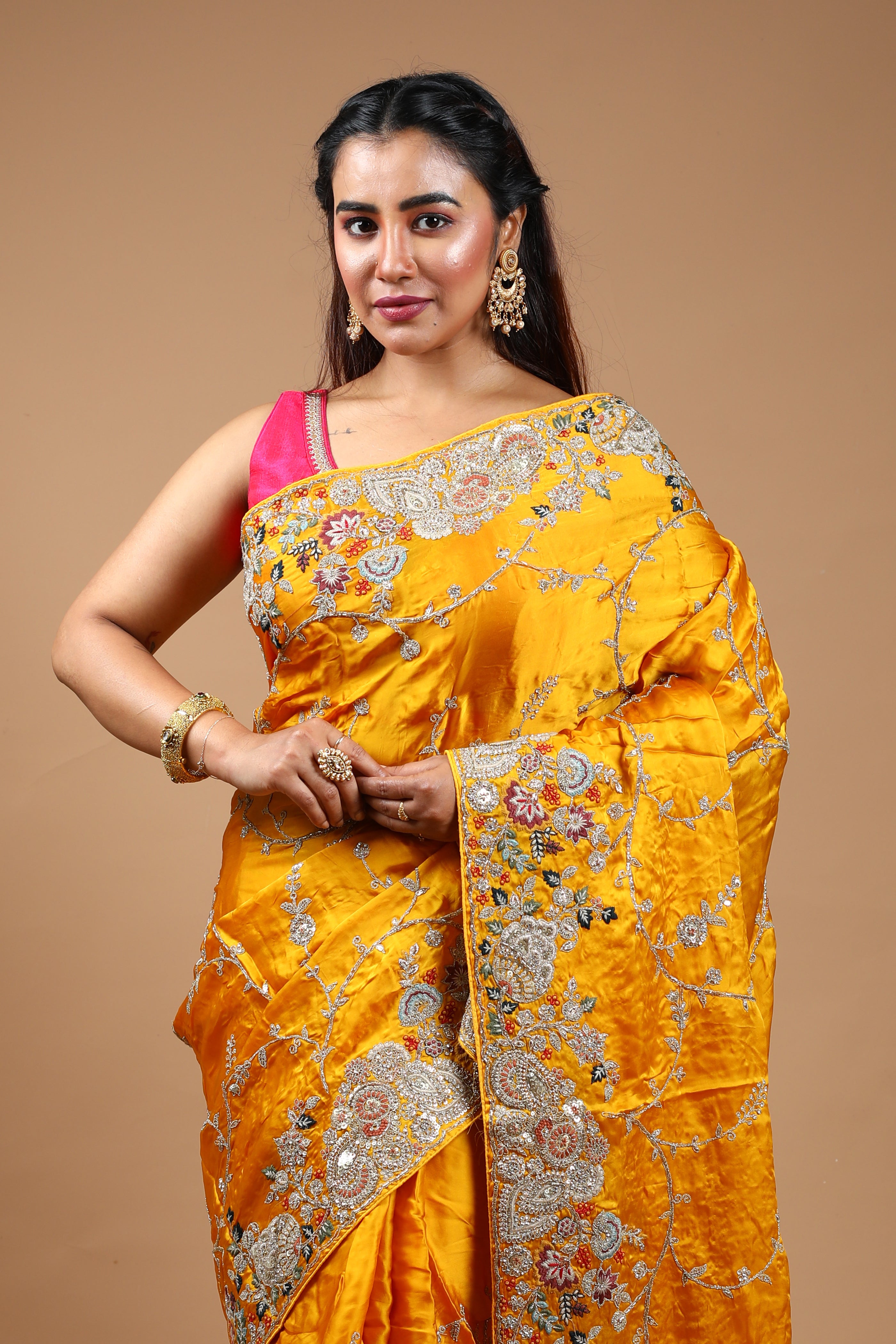 Designer Yellow Satin Silk Saree
