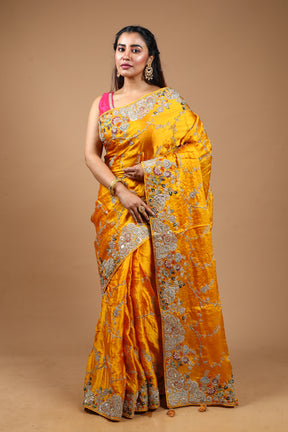 Designer Yellow Satin Silk Saree