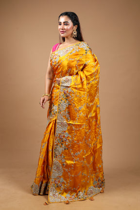 Designer Yellow Satin Silk Saree