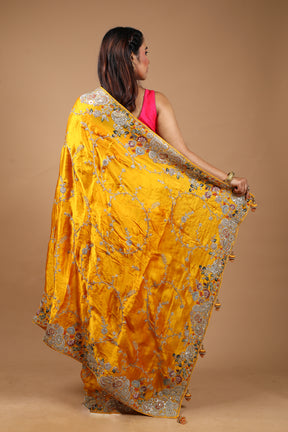 Designer Yellow Satin Silk Saree