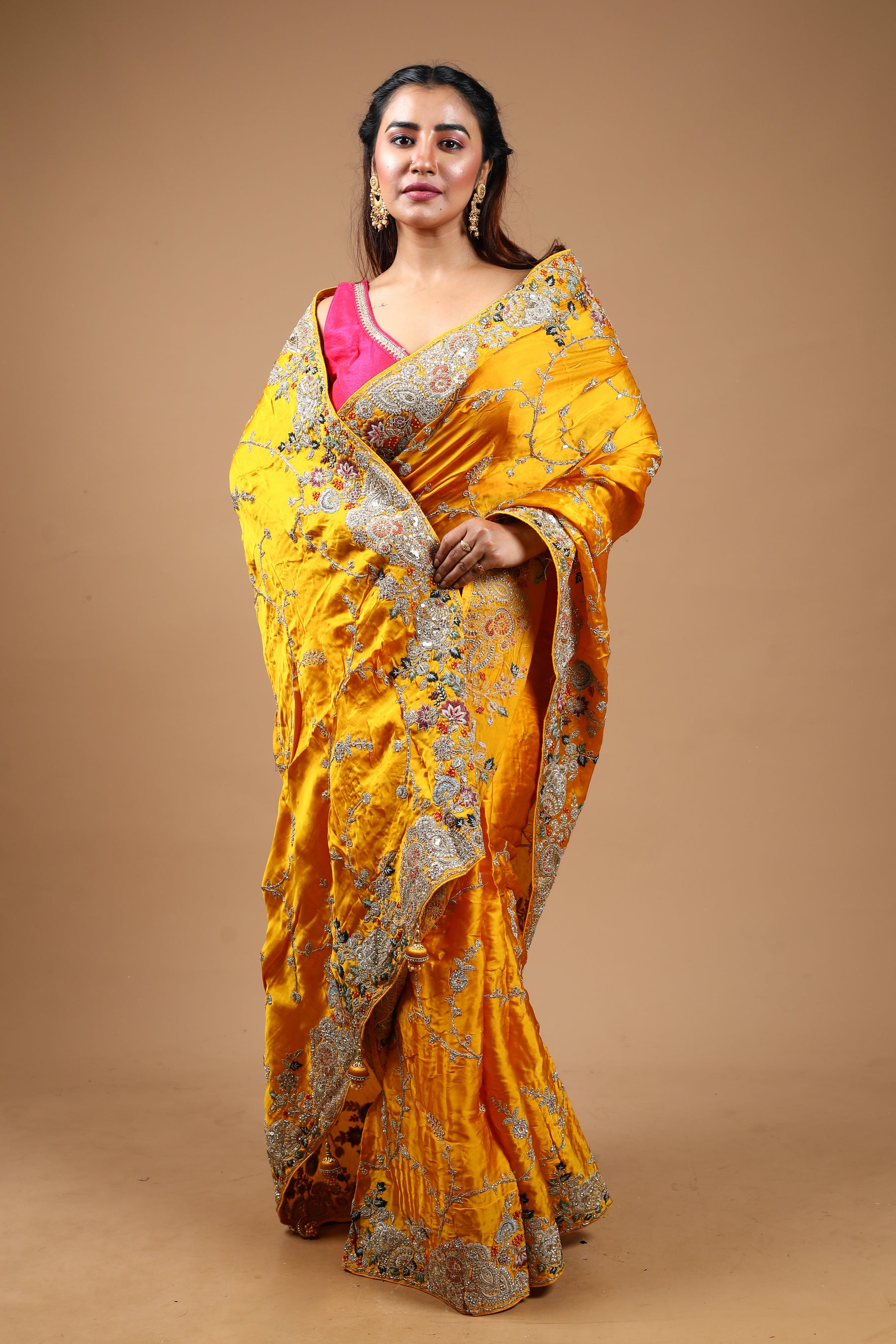 Designer Yellow Satin Silk Saree