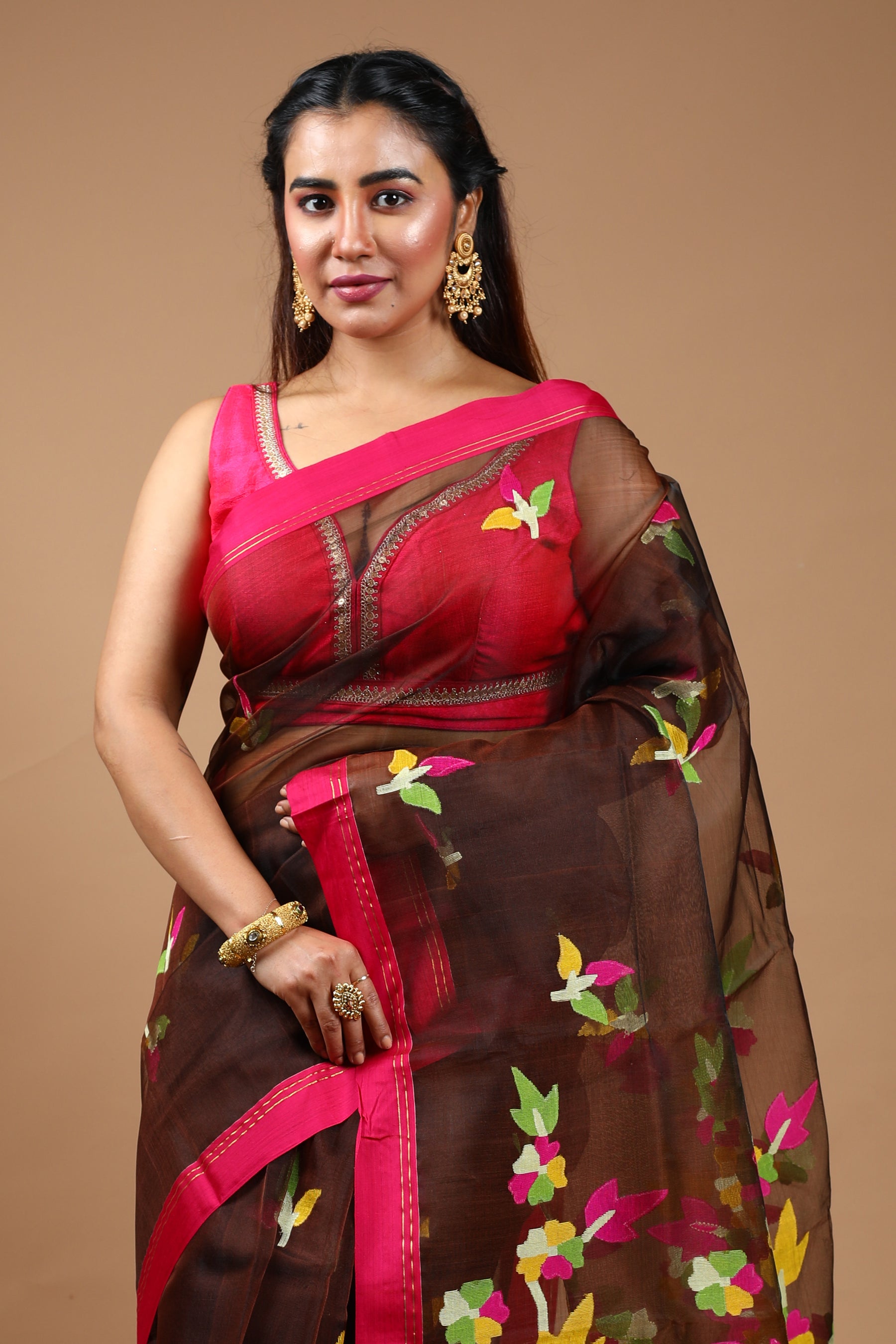 Brown Pure Muslin Saree