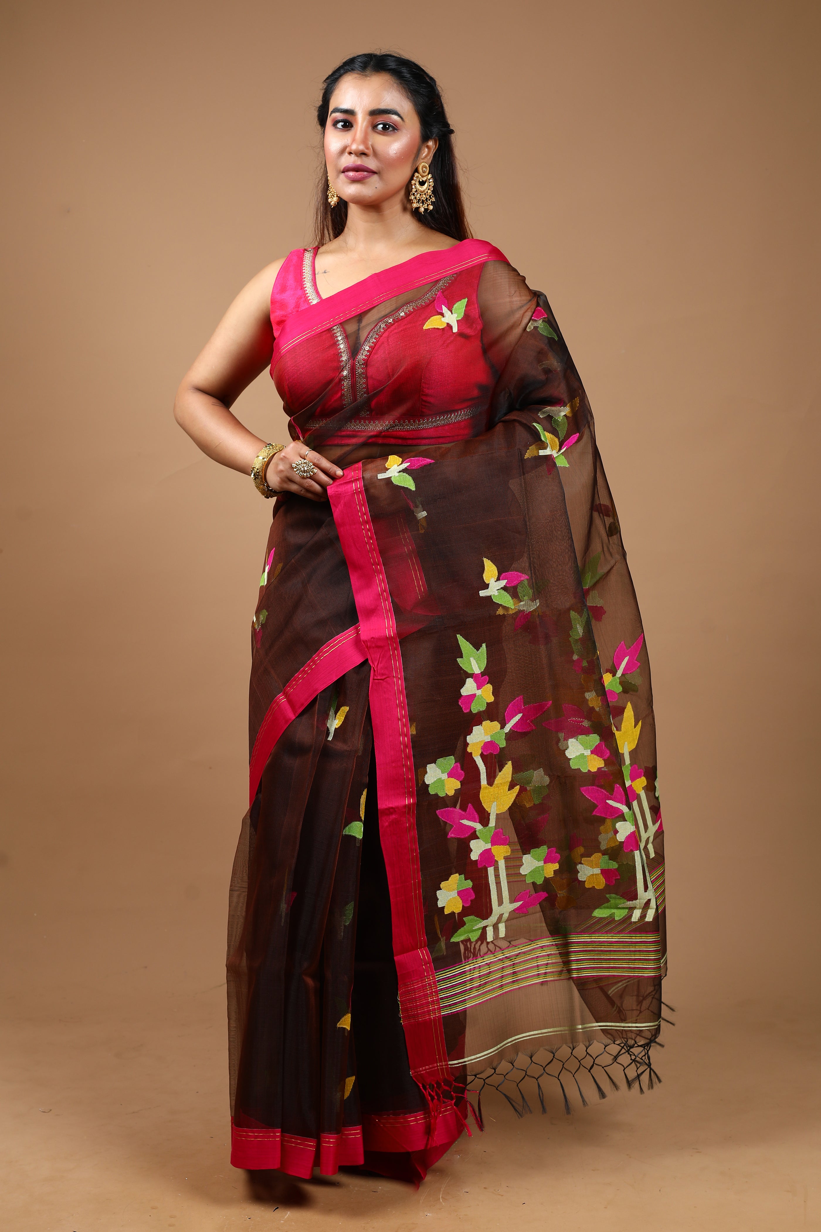 Brown Pure Muslin Saree