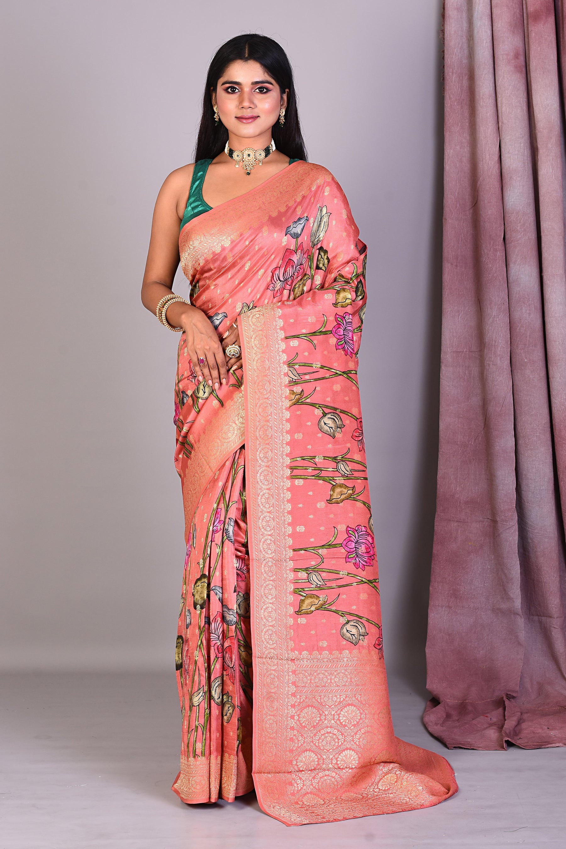 Peach Blended Silk Saree with Golden Zari - Keya Seth Exclusive