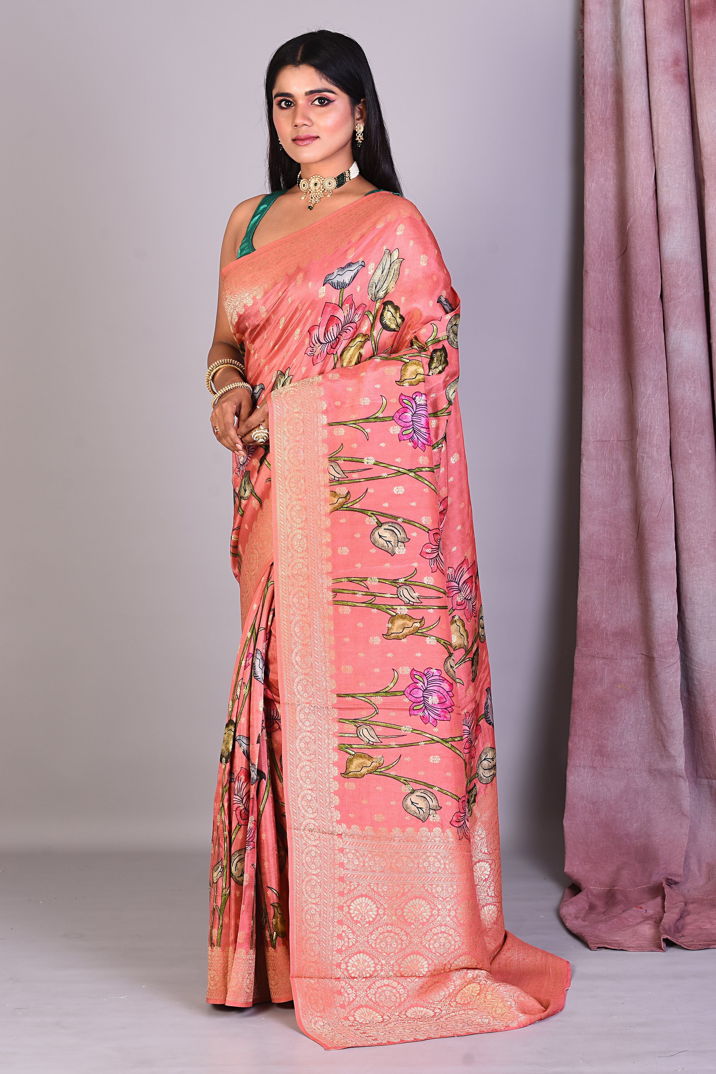 Peach Blended Silk Saree with Golden Zari - Keya Seth Exclusive