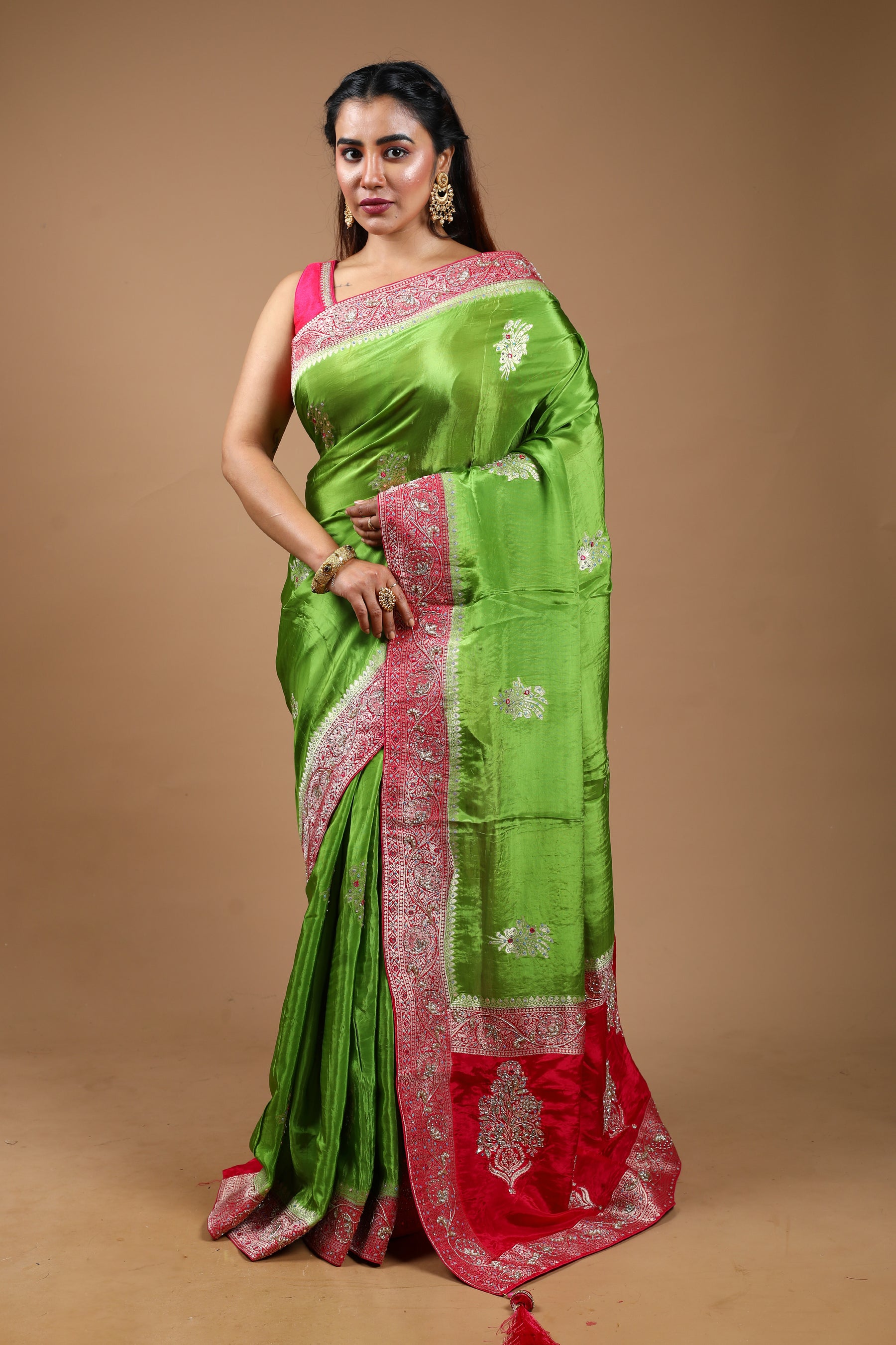 Designer Green Satin Silk Saree