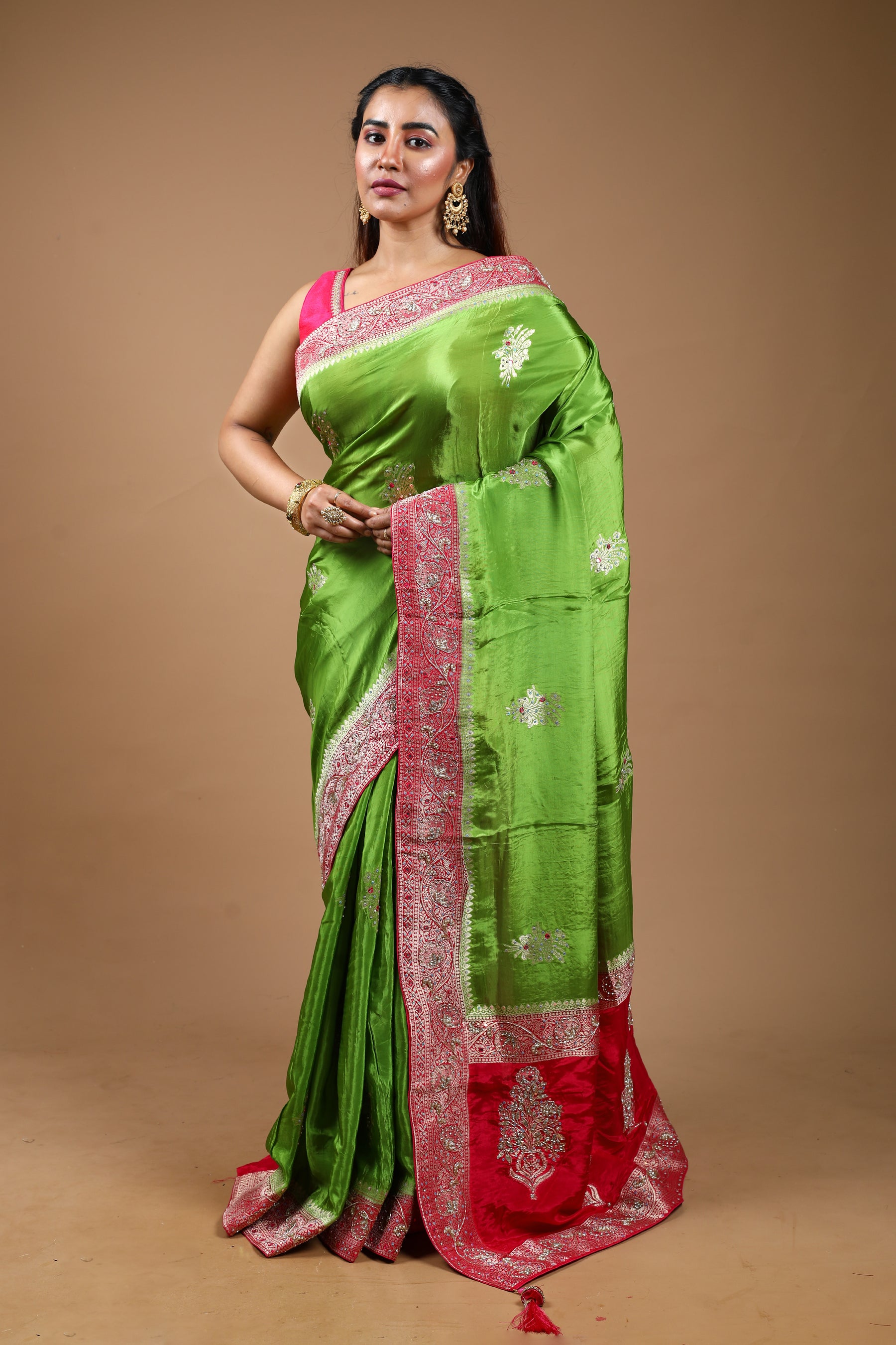 Designer Green Satin Silk Saree