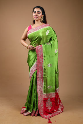 Designer Green Satin Silk Saree