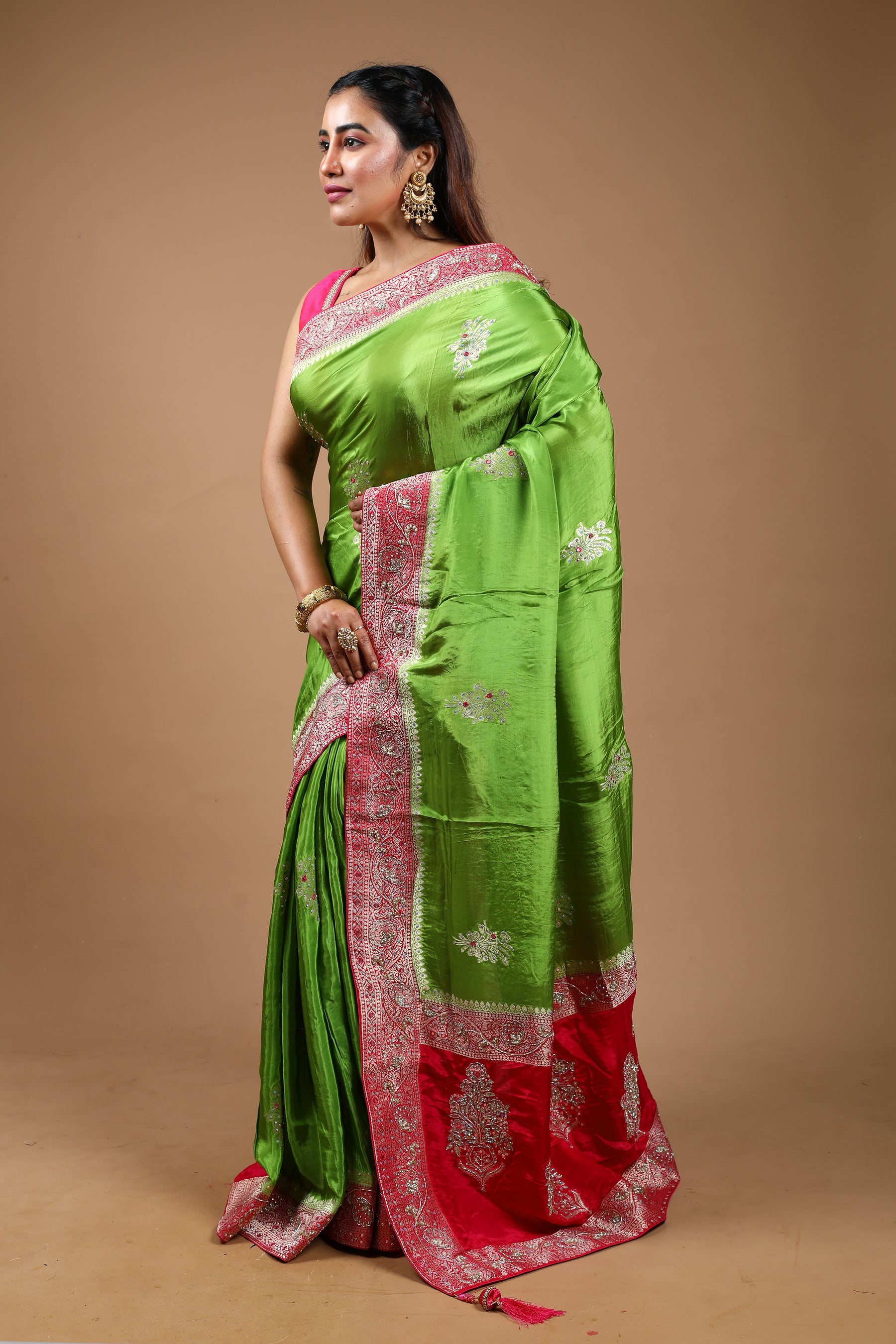 Designer Green Satin Silk Saree
